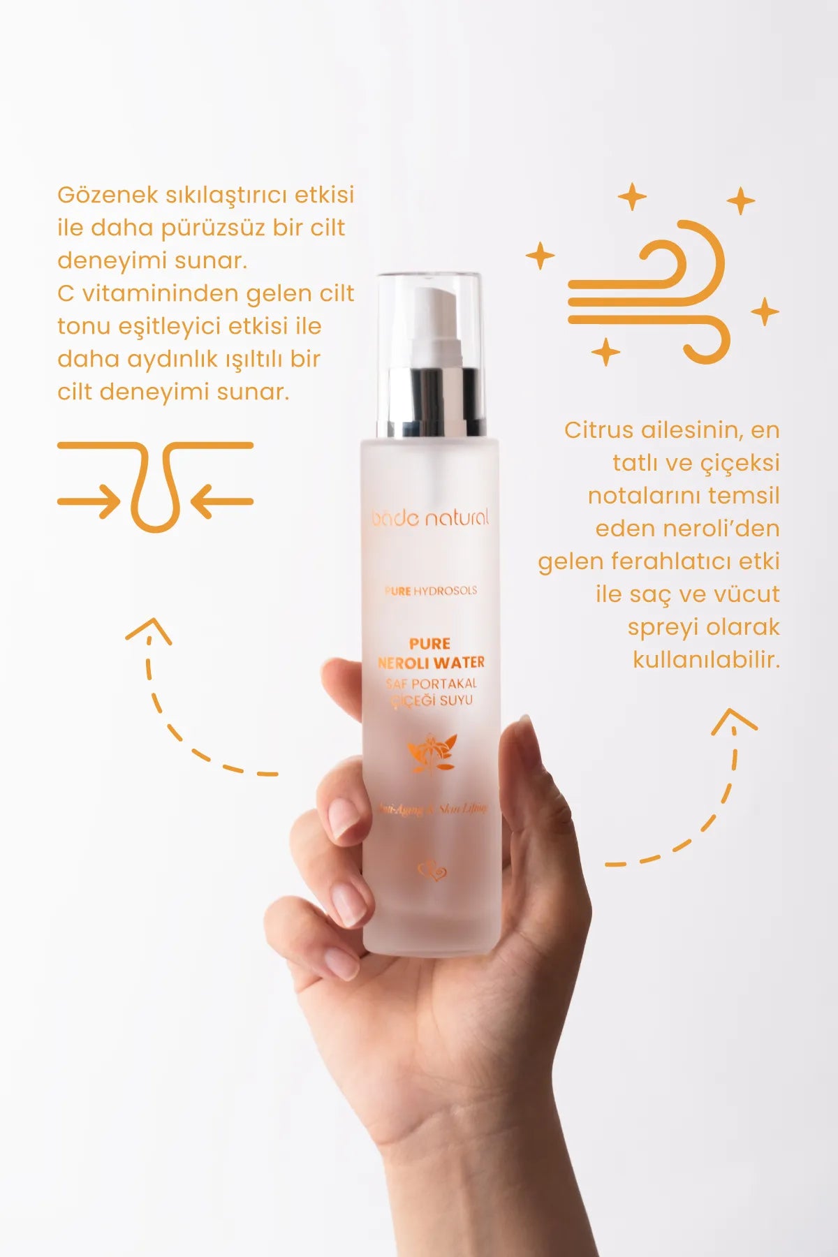 Bade Natural Puur Sinaasappelbloesem Neroli Water (Saf Portakal Cicegi Suyu) Anti-Aging & Skin Lifting - Anti-rimpelverzorging met een hoog vitamine C-gehalte - Tonic 100% Natuurlijk en Puur 100 ml