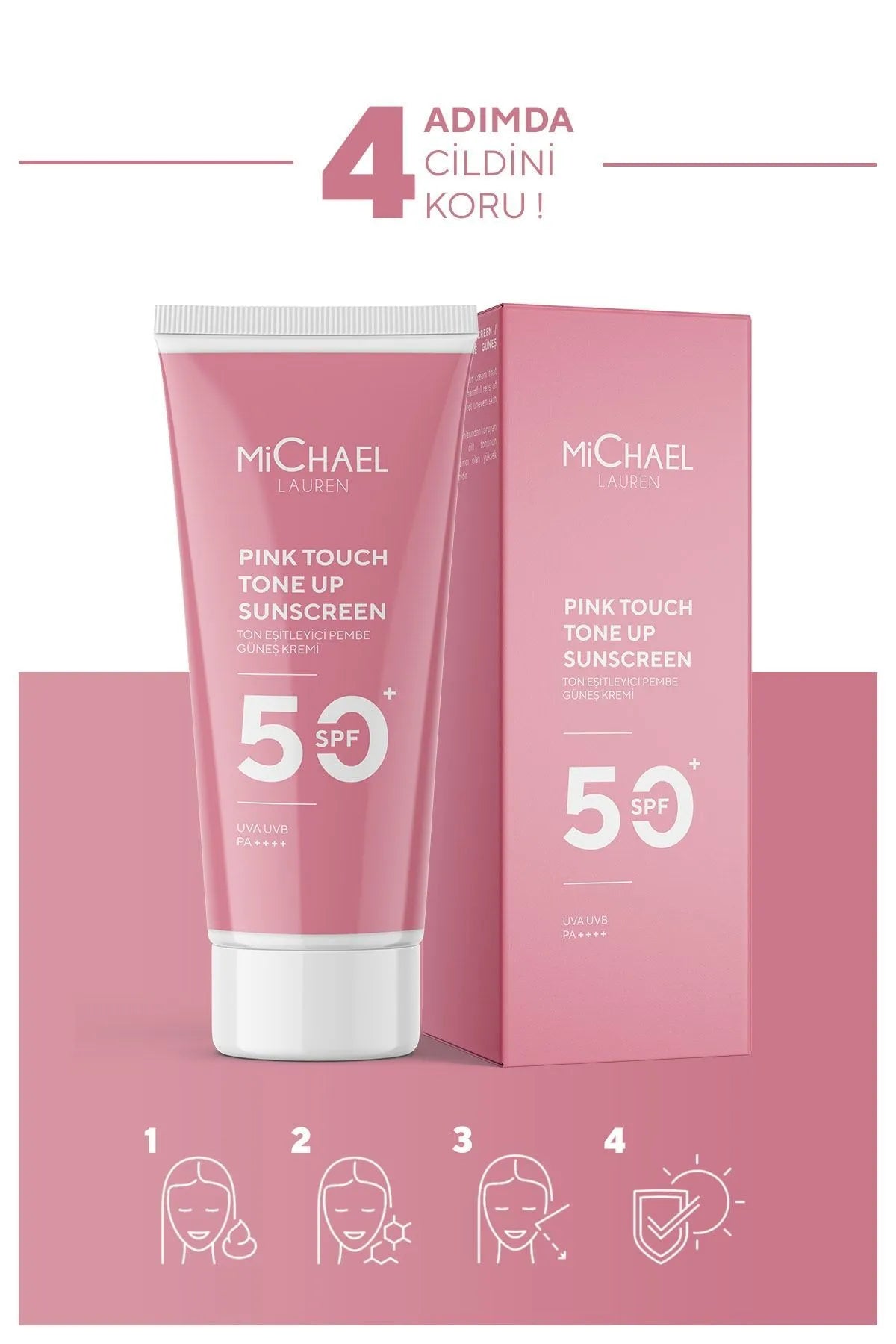 MiChael Lauren Skin Pink Touch Tone Up Sunscreen SPF 50+ Roze Gezichtszonnebrandcrème UVA/UVB PA++++ Lichte textuur - Laat geen vlekken achter - Hydrateert - Ziet er levendig en helder uit - Alle huidtypen - 50 ML