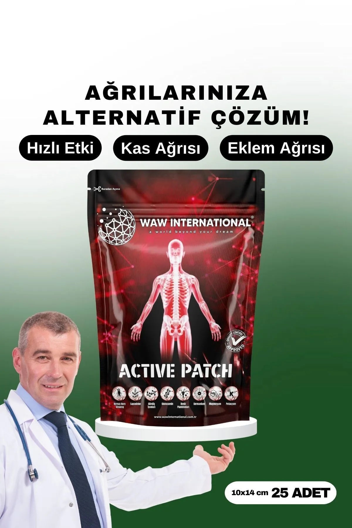 Waw international Active Patch – Natuurlijke pleister voor spier- en gewrichtspijn - Directe verlichting en langdurig effect - 10x14 cm = 25 stuks
