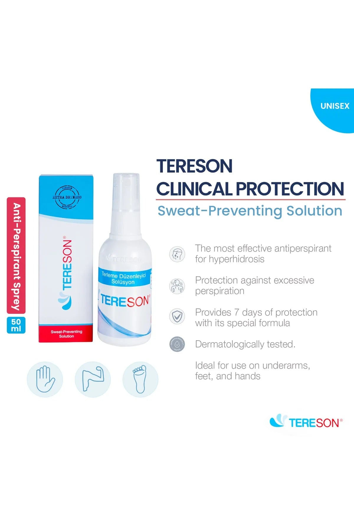 Tereson Anti-Transpirant Spray – Effectieve Oplossing tegen Overmatig Zweten – Anti Zweet - Geschikt voor Handen, Voeten en Oksels – 50 ml