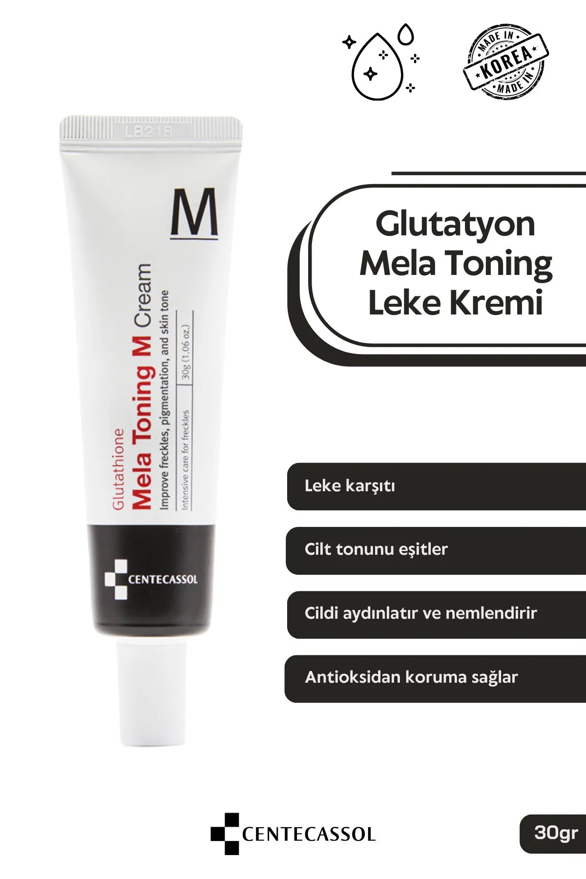 Centecassol Glutathione Mela Toning M Cream Skin Tone (Glutatyon & Tranexamid Acid) Verhelderend - Hydraterend - Dubbele functie - Intensieve zorg voor Sproeten (Doffe en Vlekkerige huid) - Pigmentatie en Huidskleur - Alle huidtypen - 30g