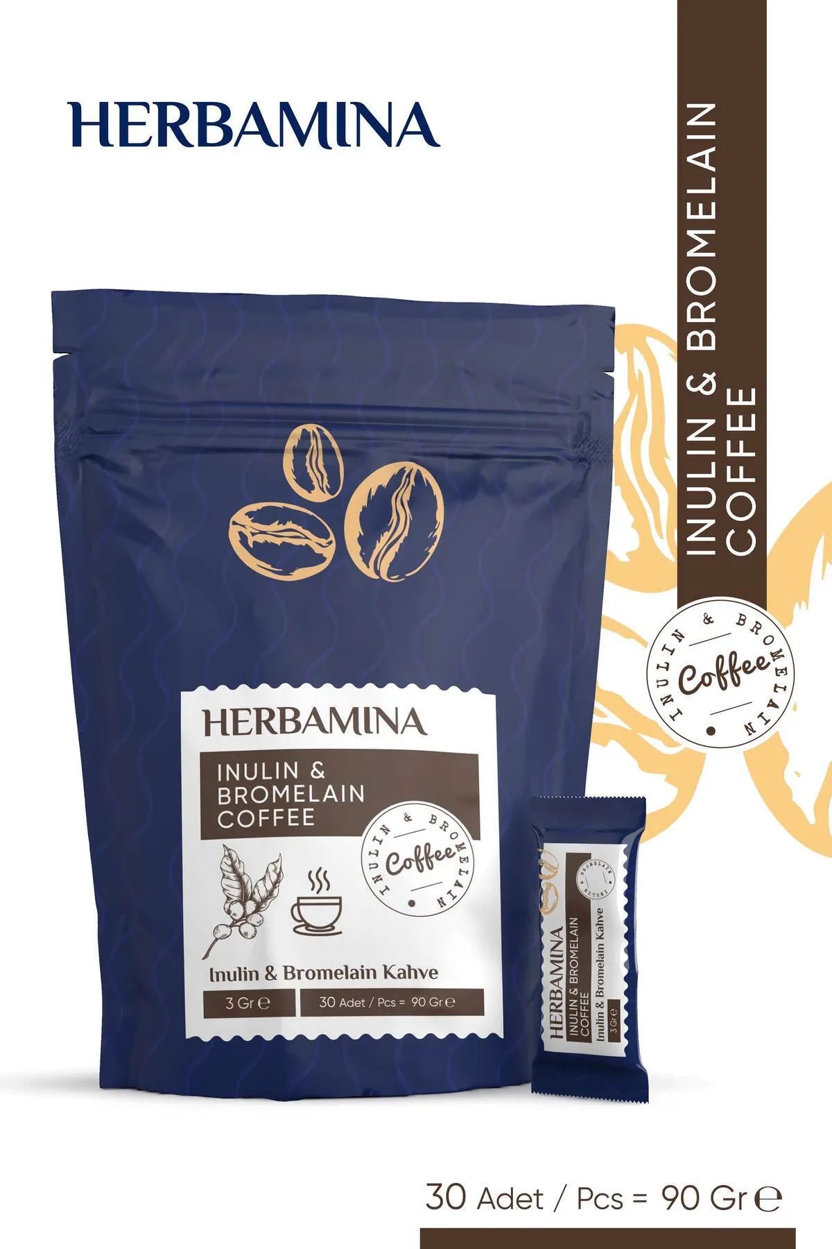 Herbamina Koffie Inuline (Cichoreiwortelvezel) & Bromelaïne Coffee Detox Afvallen 3gr x 30stuks - 90gr