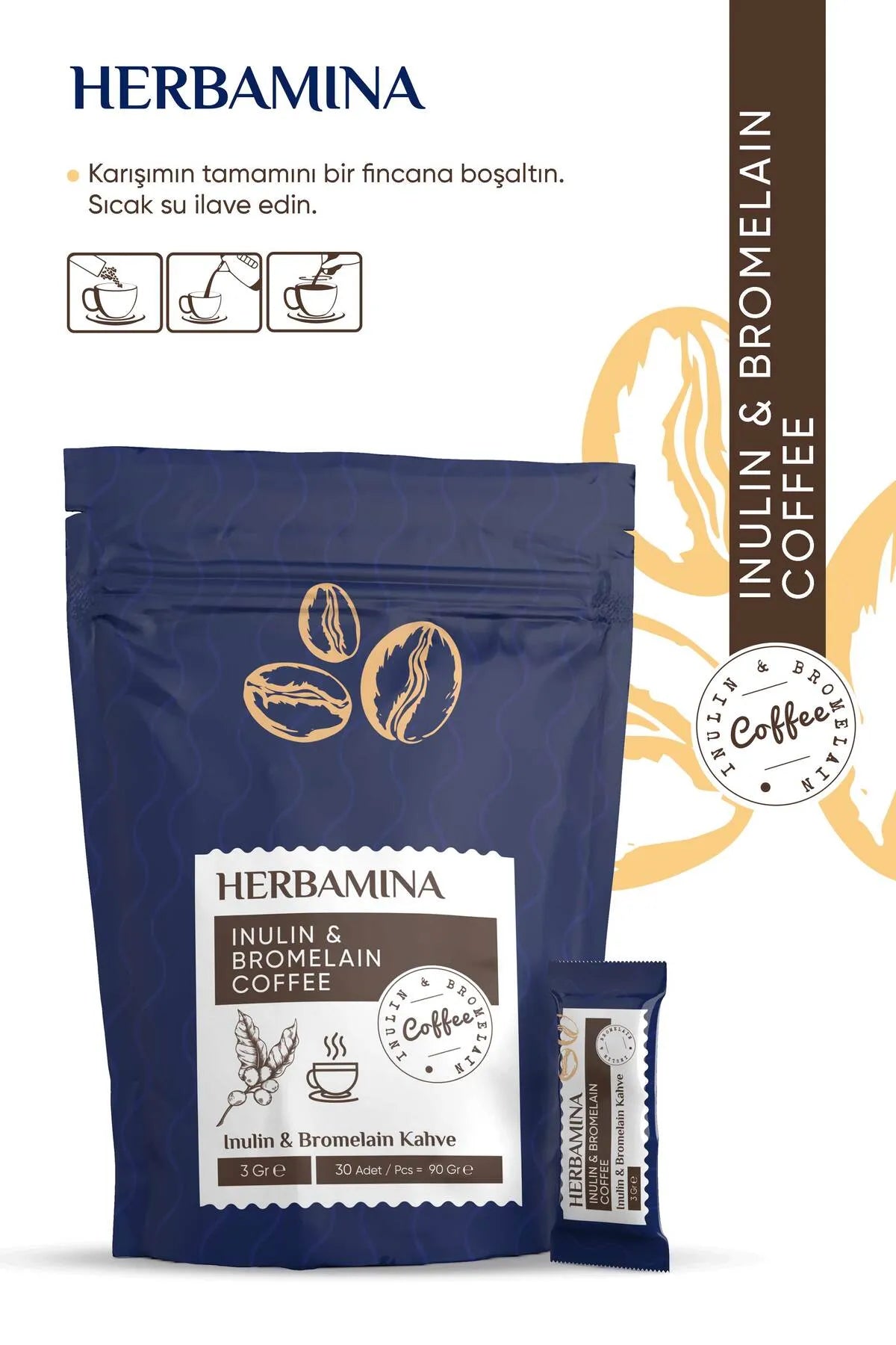 Herbamina Koffie Inuline (Cichoreiwortelvezel) & Bromelaïne Coffee Detox Afvallen 3gr x 30stuks - 90gr