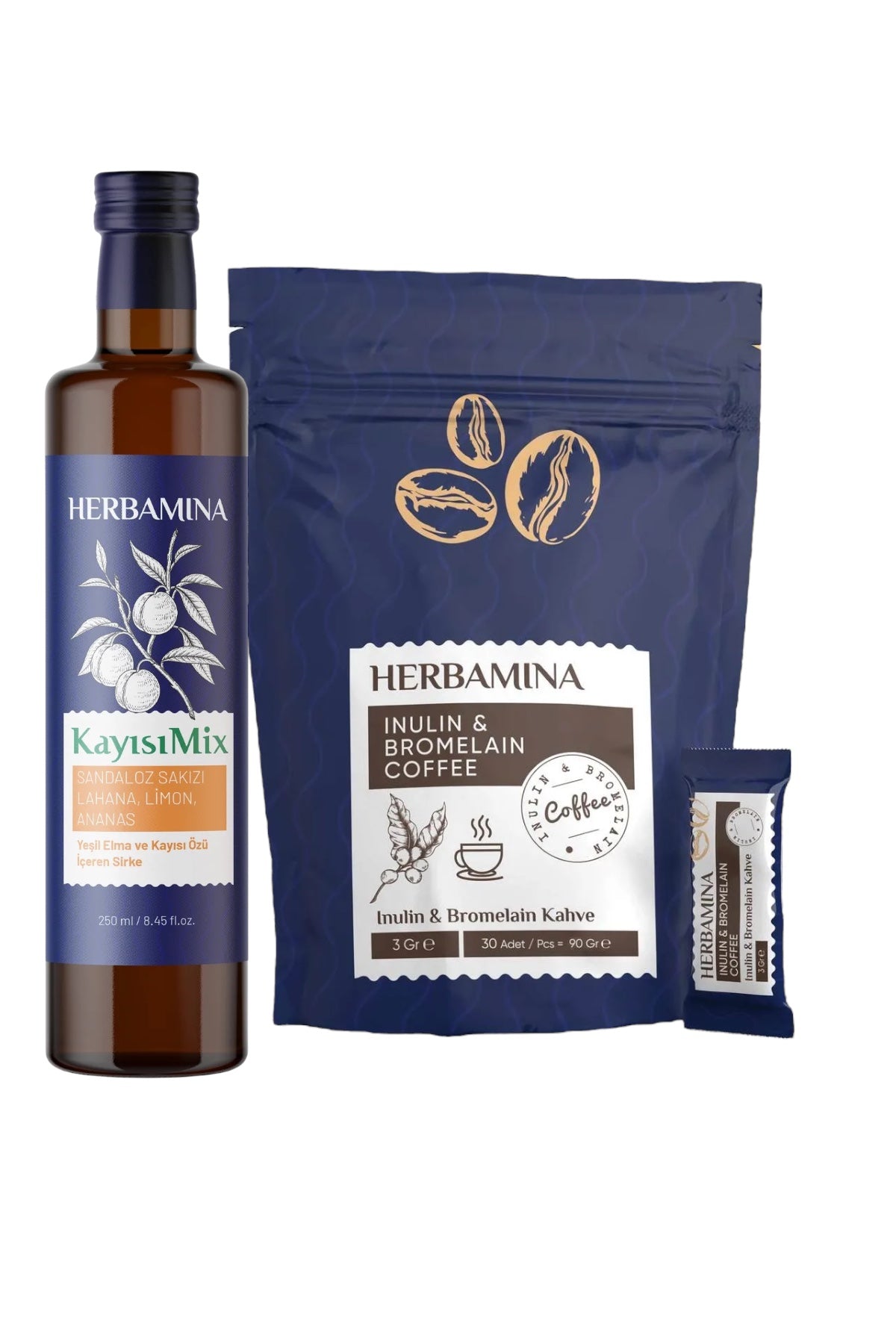 Herbamina Koffie Coffee Inuline (Hindiba)(Cichoreiwortelvezel) & Bromelaïne Koffie herbamina Detox Afvallen 3gr x 30 stuks - 90gr Herbamina Abrikozenmix met plantenextracten Detox Azijn 250ml
