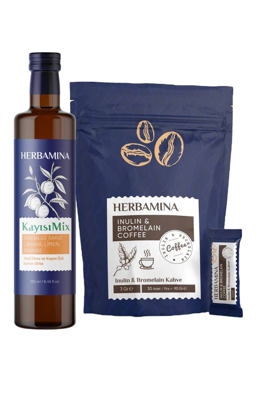 Herbamina Koffie Coffee Inuline (Hindiba)(Cichoreiwortelvezel) & Bromelaïne Koffie herbamina Detox Afvallen 3gr x 30 stuks - 90gr Herbamina Abrikozenmix met plantenextracten Detox Azijn 250ml