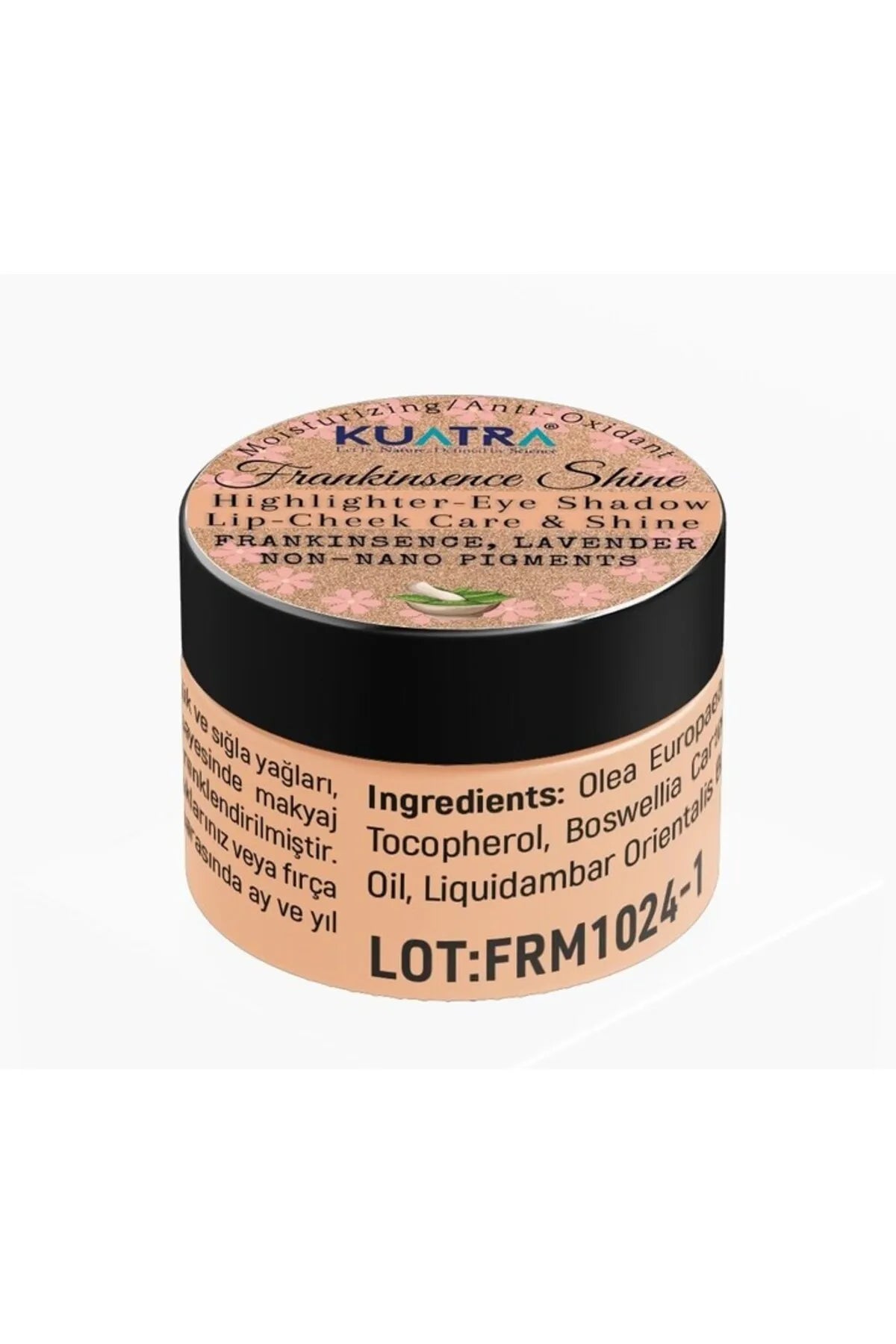 Kuatra Frankinsence Shine 3in1 Hydraterend - Antioxidant - Stralende Blush - Highlighter - Lippenstift - Oogschaduw - Natuurlijke ingrediënten - Voedt - hydrateert - glans -niet-nanopigmenten - 100% pure en natuurlijke Lavendel & Wierookolie - 7 ml