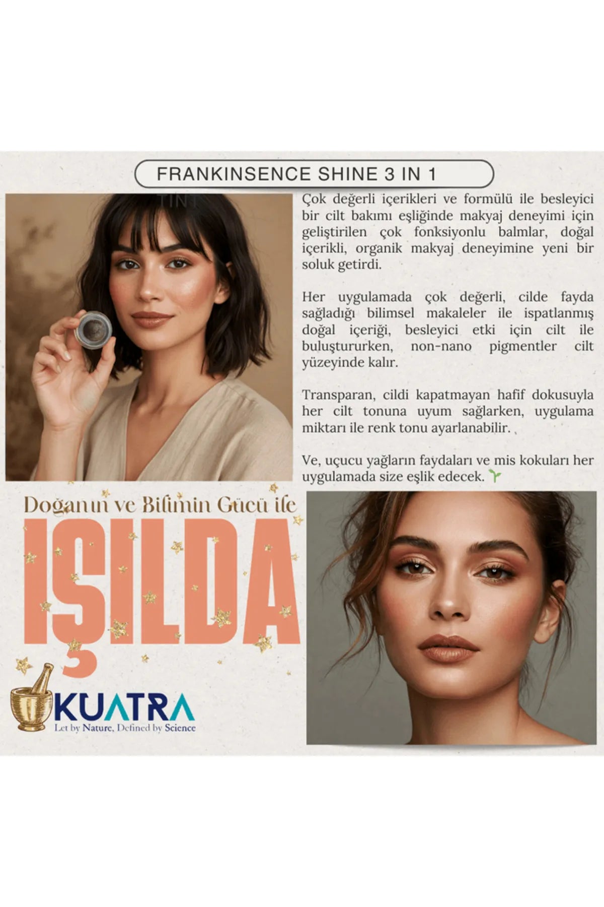 Kuatra Frankinsence Shine 3in1 Hydraterend - Antioxidant - Stralende Blush - Highlighter - Lippenstift - Oogschaduw - Natuurlijke ingrediënten - Voedt - hydrateert - glans -niet-nanopigmenten - 100% pure en natuurlijke Lavendel & Wierookolie - 7 ml