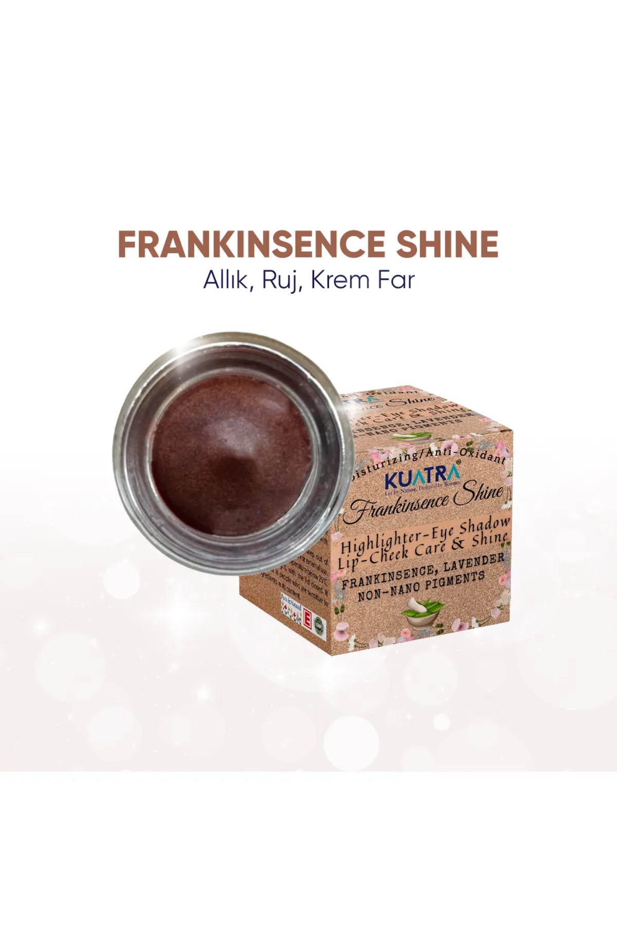 Kuatra Frankinsence Shine 3in1 Hydraterend - Antioxidant - Stralende Blush - Highlighter - Lippenstift - Oogschaduw - Natuurlijke ingrediënten - Voedt - hydrateert - glans -niet-nanopigmenten - 100% pure en natuurlijke Lavendel & Wierookolie - 7 ml