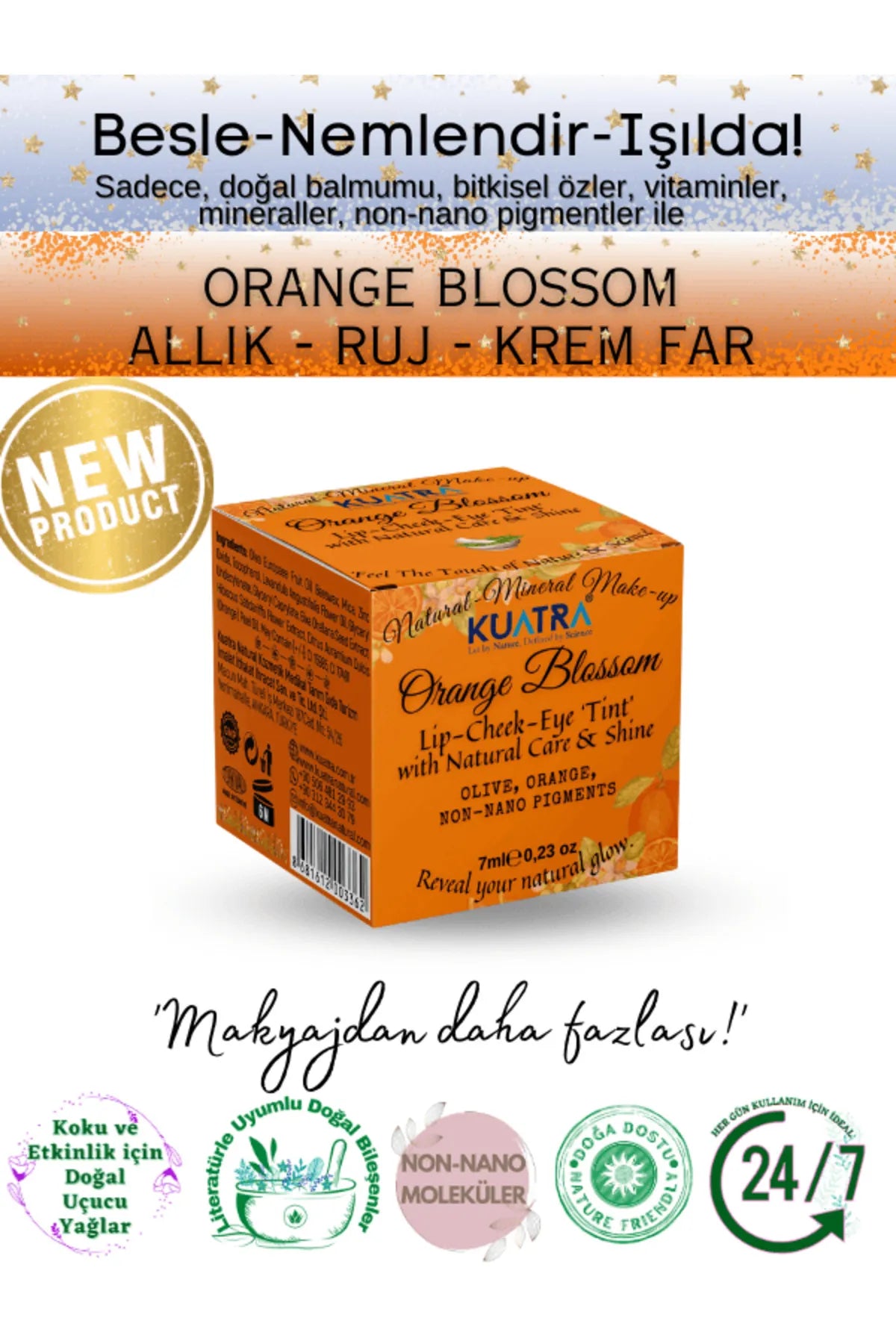 Kuatra Orange Blossom 3in1 Tint - Lip - Cheek - Eye 'Tint' Multifunctionele Blush - Sinaasappelbloesem - Lippenstift en oogschaduw met natuurlijke ingrediënten (zeer waardevolle - voedende huidverzorging in combinatie met make-up) 7 ml