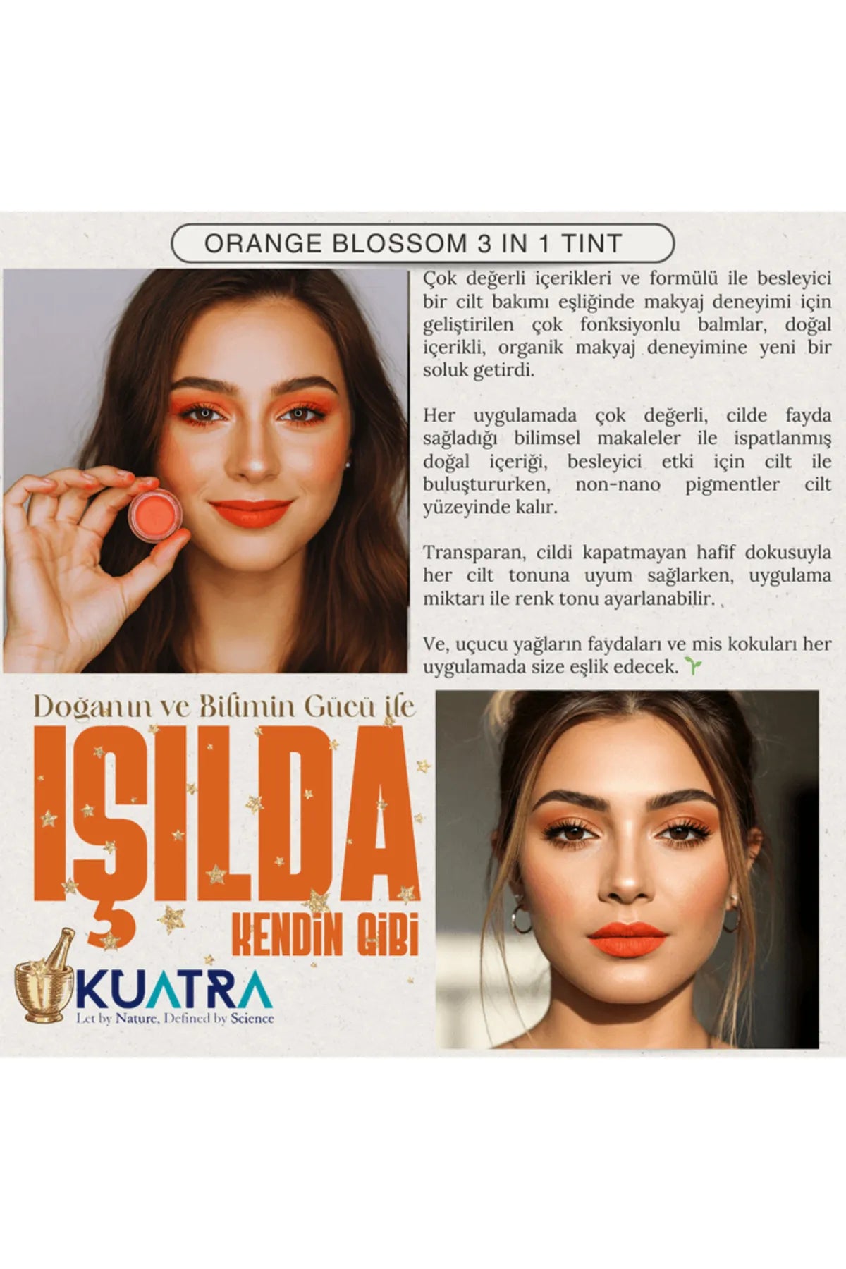 Kuatra Orange Blossom 3in1 Tint - Lip - Cheek - Eye 'Tint' Multifunctionele Blush - Sinaasappelbloesem - Lippenstift en oogschaduw met natuurlijke ingrediënten (zeer waardevolle - voedende huidverzorging in combinatie met make-up) 7 ml