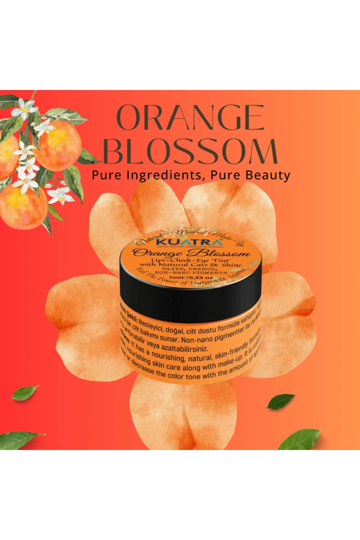 Kuatra Orange Blossom 3in1 Tint - Lip - Cheek - Eye 'Tint' Multifunctionele Blush - Sinaasappelbloesem - Lippenstift en oogschaduw met natuurlijke ingrediënten (zeer waardevolle - voedende huidverzorging in combinatie met make-up) 7 ml