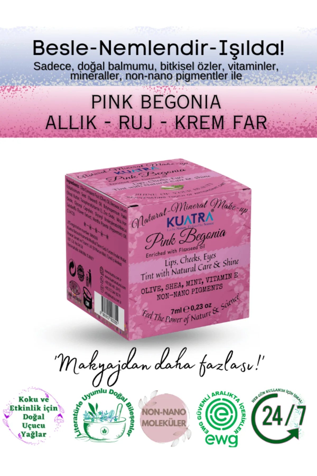 Kuatra Pink Begonia Moisturizer Natuurlijke Antioxidante Glow Balm 3in1 Verrijkt met lijnzaadolie (Lip - Blush - Oogschaduw) Voedt - Hydrateert - Geeft glans - Natuurlijke bijenwas - kruidenextracten - vitaminen - mineralen - niet-nano pigmenten 7ml