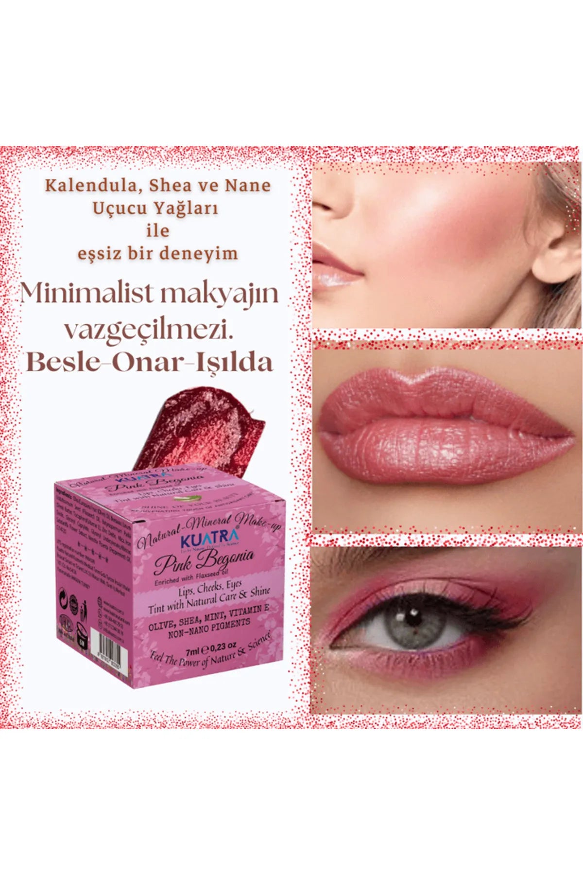 Kuatra Pink Begonia Moisturizer Natuurlijke Antioxidante Glow Balm 3in1 Verrijkt met lijnzaadolie (Lip - Blush - Oogschaduw) Voedt - Hydrateert - Geeft glans - Natuurlijke bijenwas - kruidenextracten - vitaminen - mineralen - niet-nano pigmenten 7ml