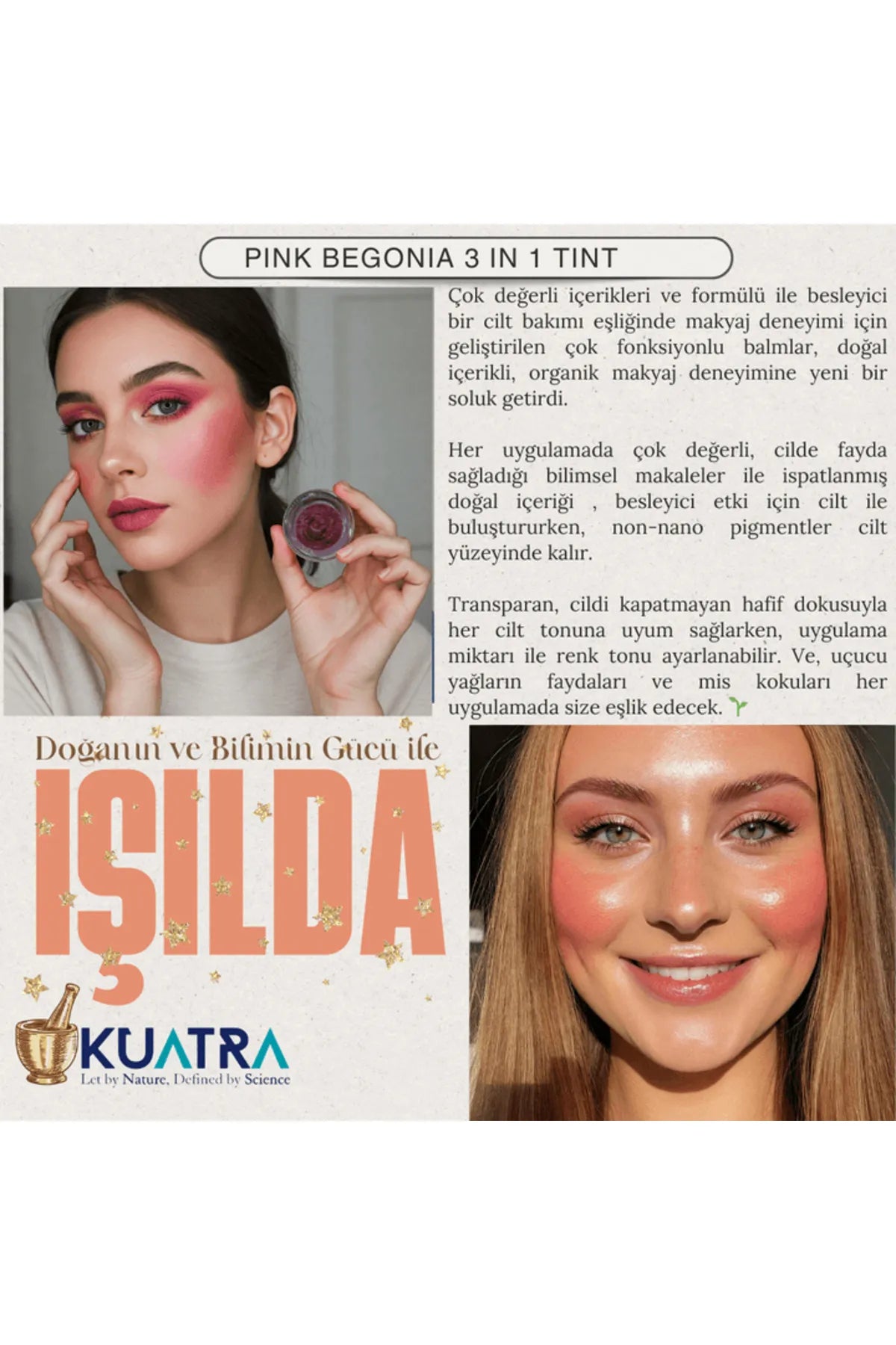 Kuatra Pink Begonia Moisturizer Natuurlijke Antioxidante Glow Balm 3in1 Verrijkt met lijnzaadolie (Lip - Blush - Oogschaduw) Voedt - Hydrateert - Geeft glans - Natuurlijke bijenwas - kruidenextracten - vitaminen - mineralen - niet-nano pigmenten 7ml