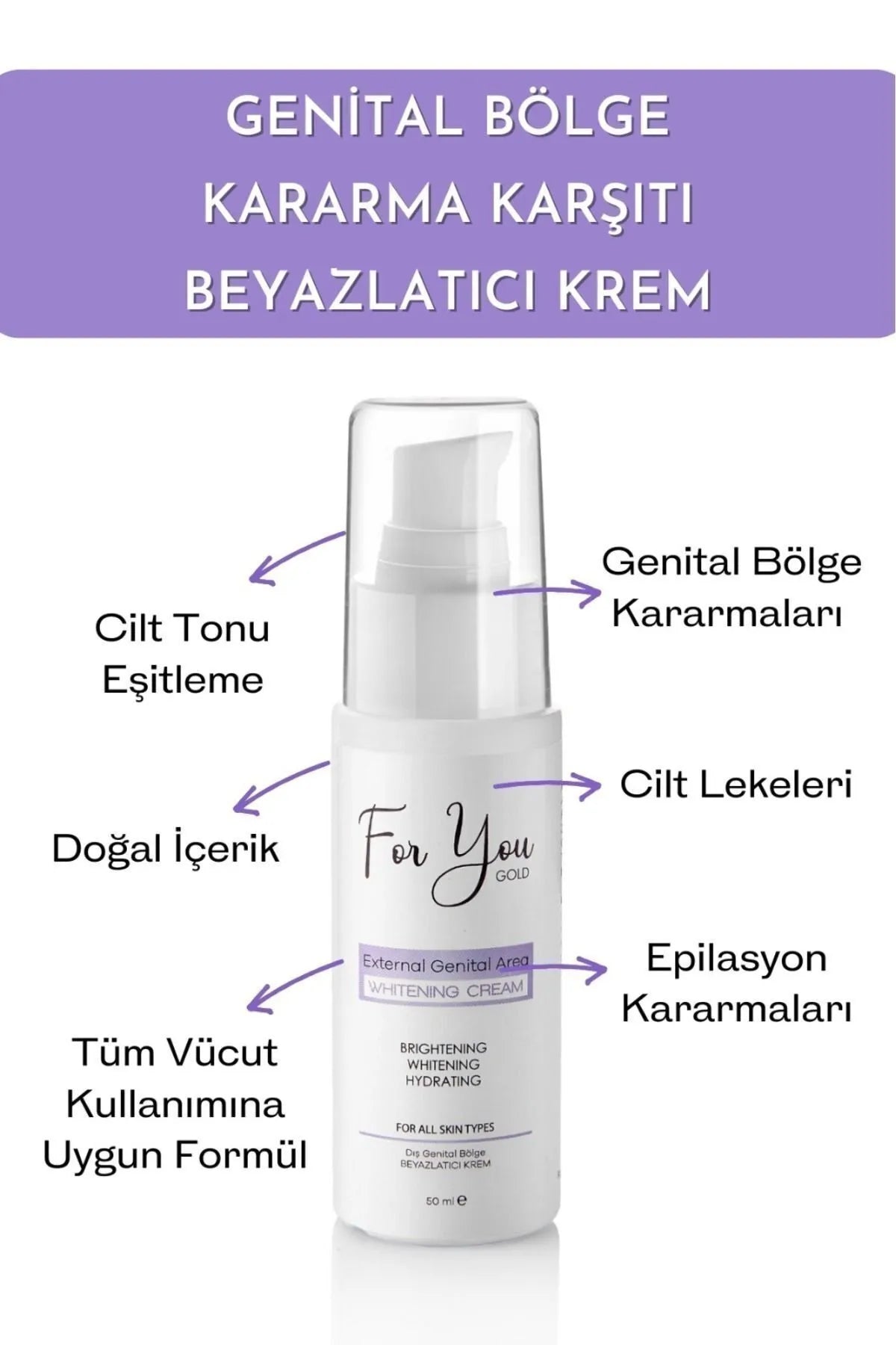 For You Gold Whitening Cream External Genital Area - Brightening - Whitening - Hydrating - Preventie van verkleuring van de genitale zone (oksel - knie - elleboog en uitwendige genitale zone) Kleurvereffenerende bleekcrème - Alle huidtypen - 50 ml