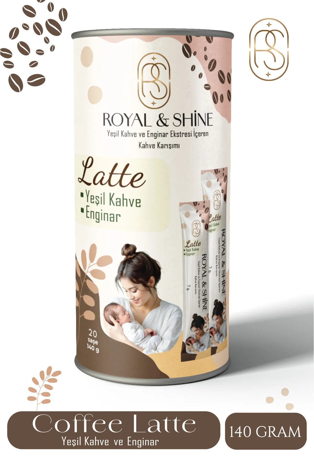 Royal and Shine Koffie Detox - Latte Koffiemix met groene koffie (yesil kahve) en artisjok (enginar) - extract Geschikt ook voor moeders die borstvoeding geven en voor gebruik vanaf de zwangerschap - 20 stuks