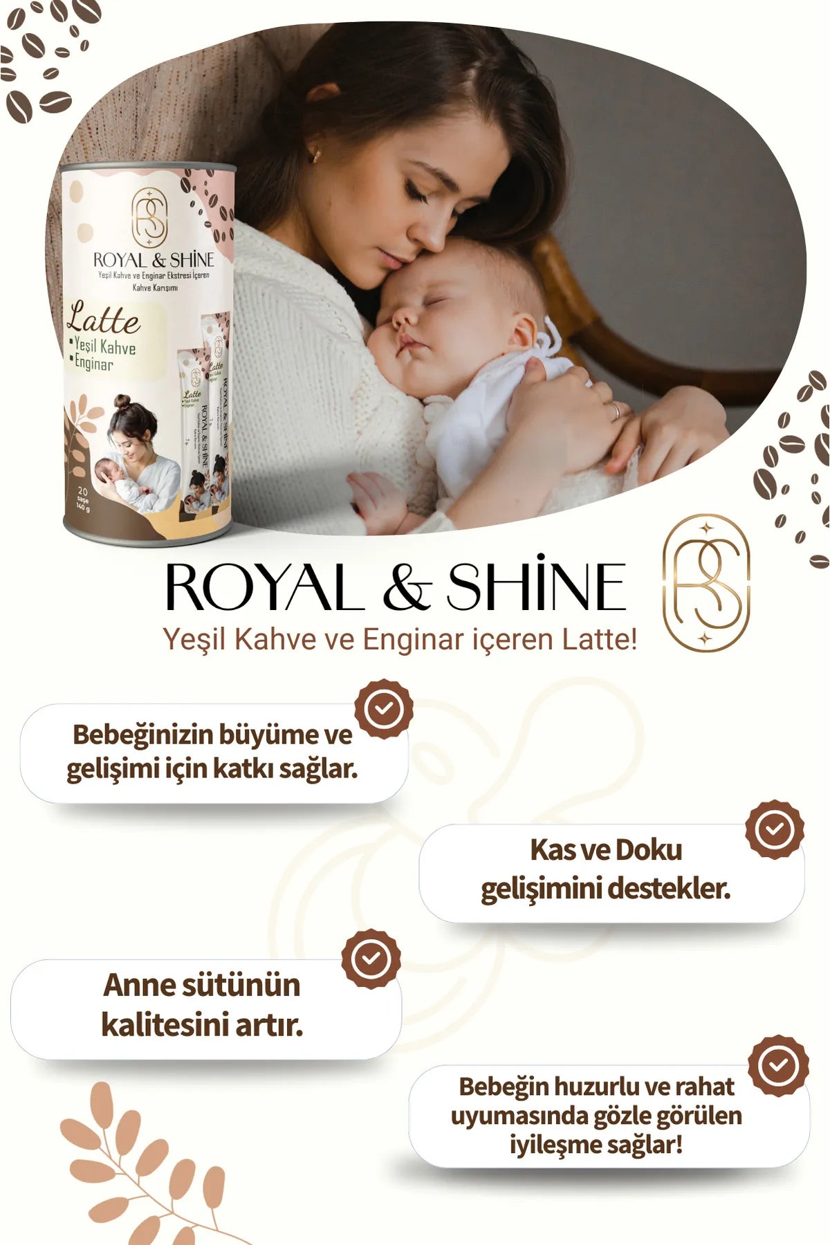 Royal and Shine Koffie Detox - Latte Koffiemix met groene koffie (yesil kahve) en artisjok (enginar) - extract Geschikt ook voor moeders die borstvoeding geven en voor gebruik vanaf de zwangerschap - 20 stuks