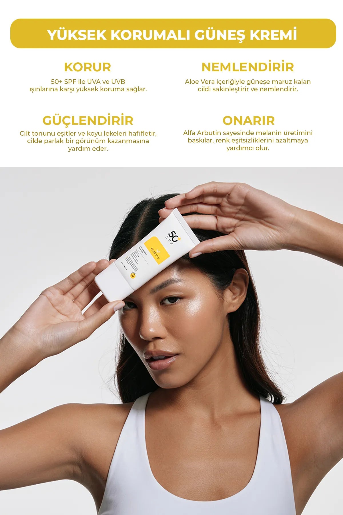 Wiwify Zonnebrandcrème met hoge beschermingsfactor SPF 50+ - Aloë Vera-extract - Anti-vlek - Egaliserende huidskleur - Hyaluronzuur - Botanisch collageen - UVA + UVB5 - PA++++ - 50 ml