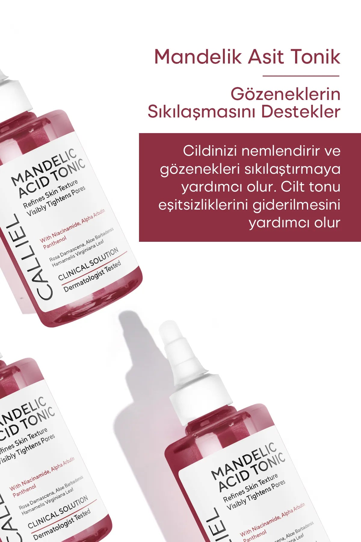 CALLIEL Mandelic Acid Tonic Evens Up The Skin Tone Visibly Tightens Pores - Toon Egaliserende Huidteint - Poriënverstevigende Amandelzuur Tonic - Niacinamide - Panthenol - Glycolic Acid - Hyaluronic Acid - Allantoin - Dermatologisch getest - 200 ml