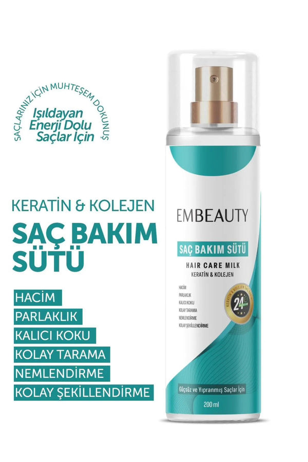 Embeauty Voedende Keratine & Collageen Haarverzorgingsmelk Alle haartypes Volume en Glas Gemakkelijk kammen en stylen Blijvende en frisse geur Bescherming tegen hitte 200 ML