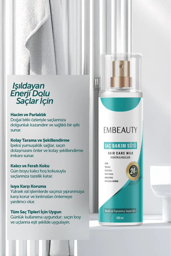 Embeauty Voedende Keratine & Collageen Haarverzorgingsmelk Alle haartypes Volume en Glas Gemakkelijk kammen en stylen Blijvende en frisse geur Bescherming tegen hitte 200 ML