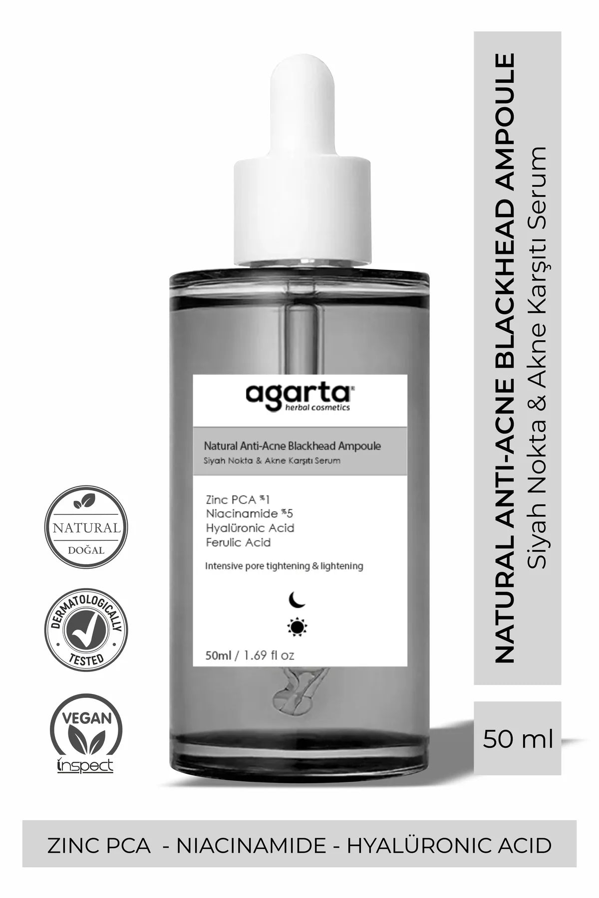 AGARTA Natuurlijke Ampul tegen Anti-mee-eter en Acne Poriënverstrakking Niacinamide Ampul Serum Zink PCA 1 Niacinamide 5 Hyaluronzuur Ferulazuur 50 ML Intensieve poriënbestrijding en verlichting