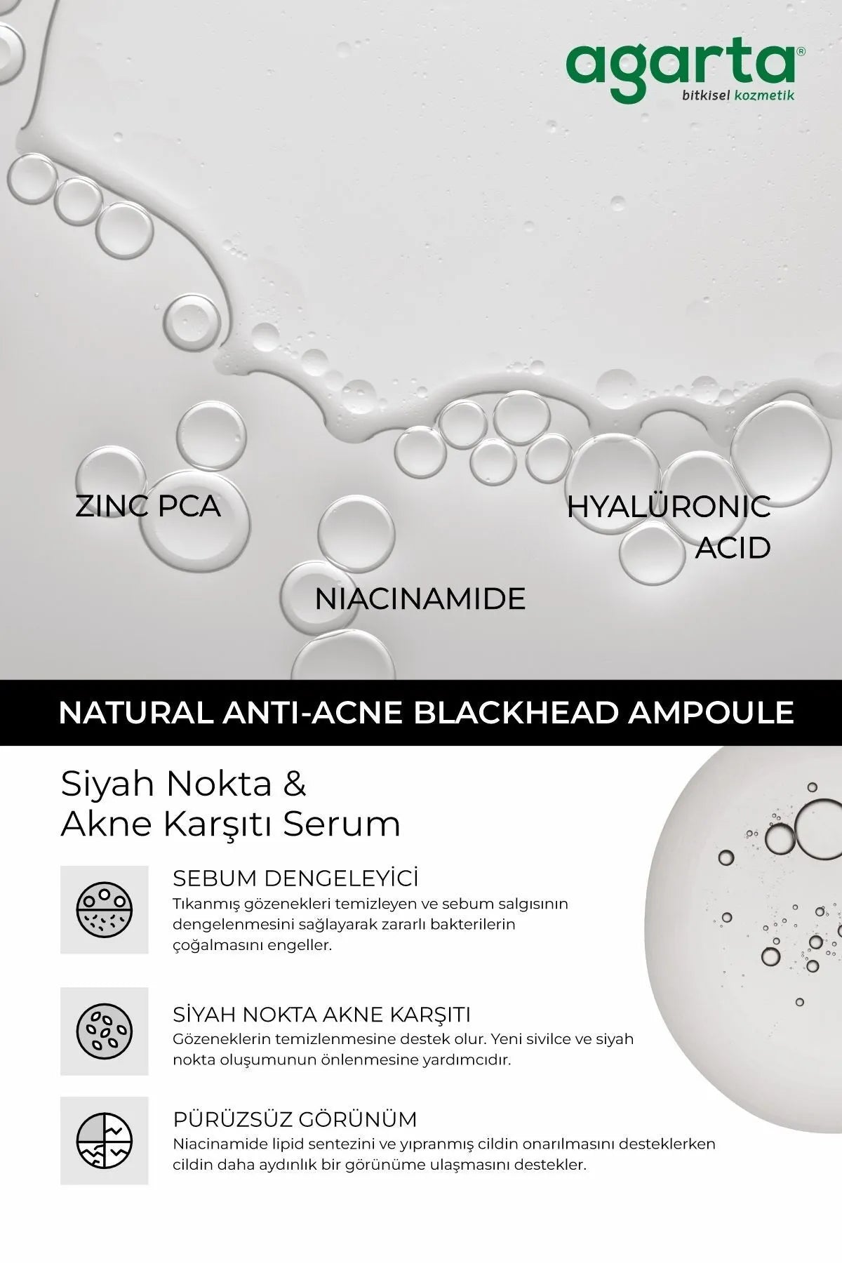 AGARTA Natuurlijke Ampul tegen Anti-mee-eter en Acne Poriënverstrakking Niacinamide Ampul Serum Zink PCA 1 Niacinamide 5 Hyaluronzuur Ferulazuur 50 ML Intensieve poriënbestrijding en verlichting