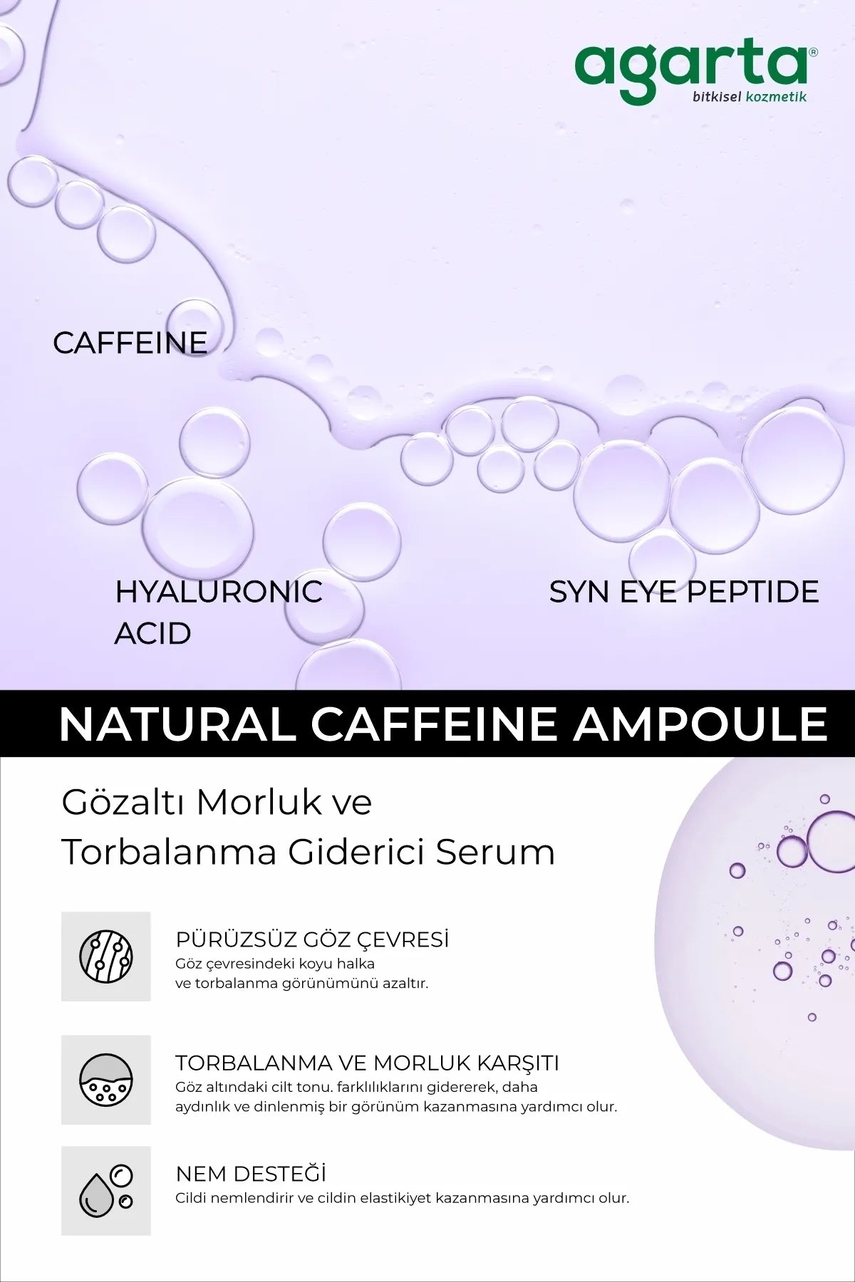 AGARTA Natuurlijke Cafeïne 2% Ampoule Serum Anti-kneuzing en puffend Cafeïne- en Peptidecomplex ampulserum voor donkere kringen en puffende verwijdering onder de ogen Hyaluronzuur SYN EYE-peptide 1% Dunaliella Salina-extract 50 ML