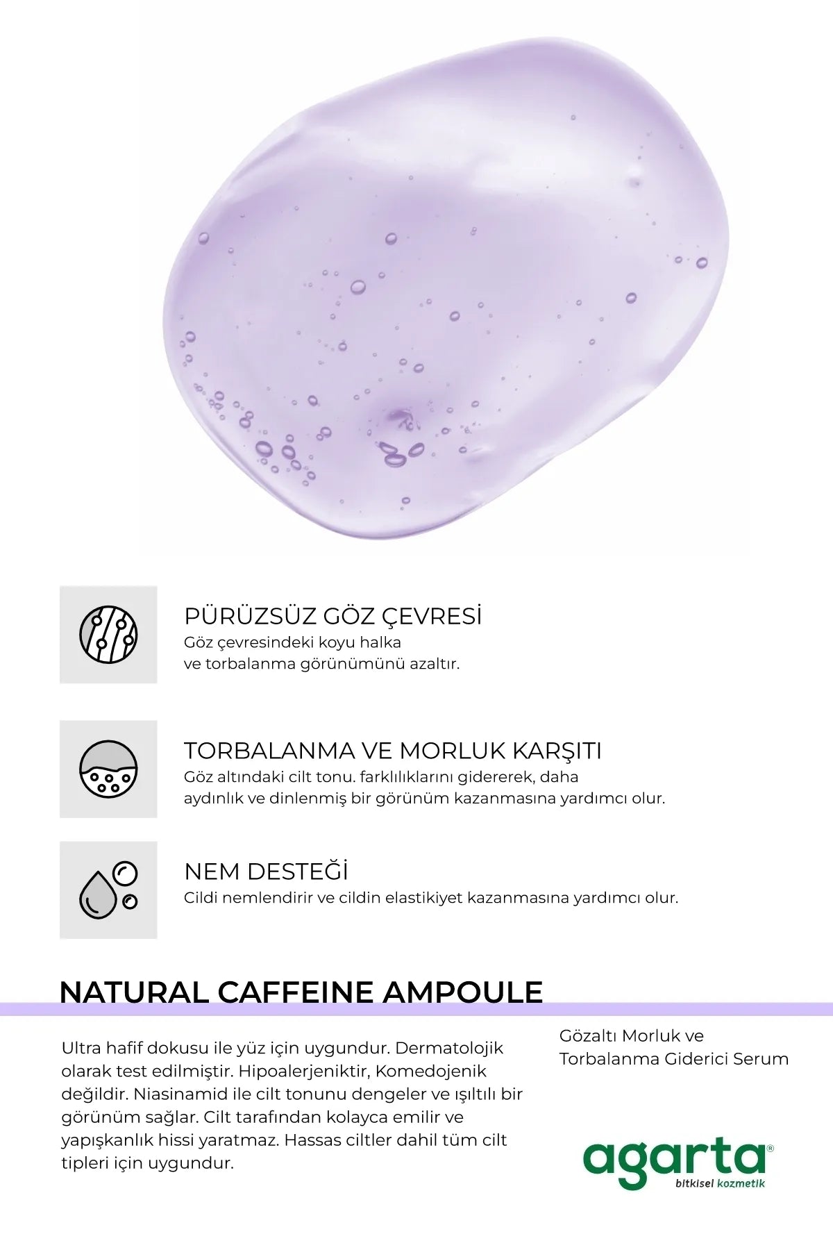 AGARTA Natuurlijke Cafeïne 2% Ampoule Serum Anti-kneuzing en puffend Cafeïne- en Peptidecomplex ampulserum voor donkere kringen en puffende verwijdering onder de ogen Hyaluronzuur SYN EYE-peptide 1% Dunaliella Salina-extract 50 ML