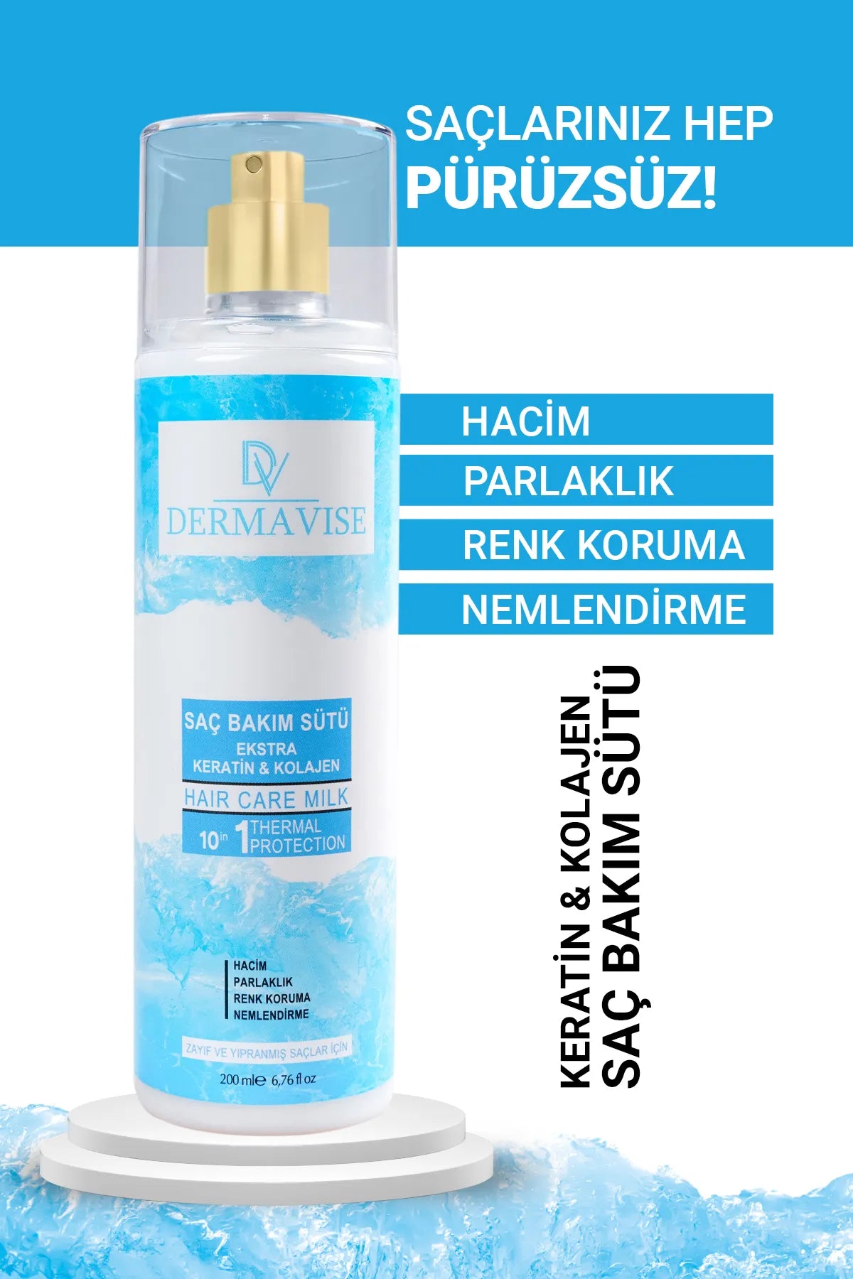 Dermavise Extra Keratine & Collageen Haarverzorgingsmelk 10 van 1 Thermal Protection Volume Helderheid Kleubescherming Bevochtingen voor zwak en beschadigd haar 200 ml