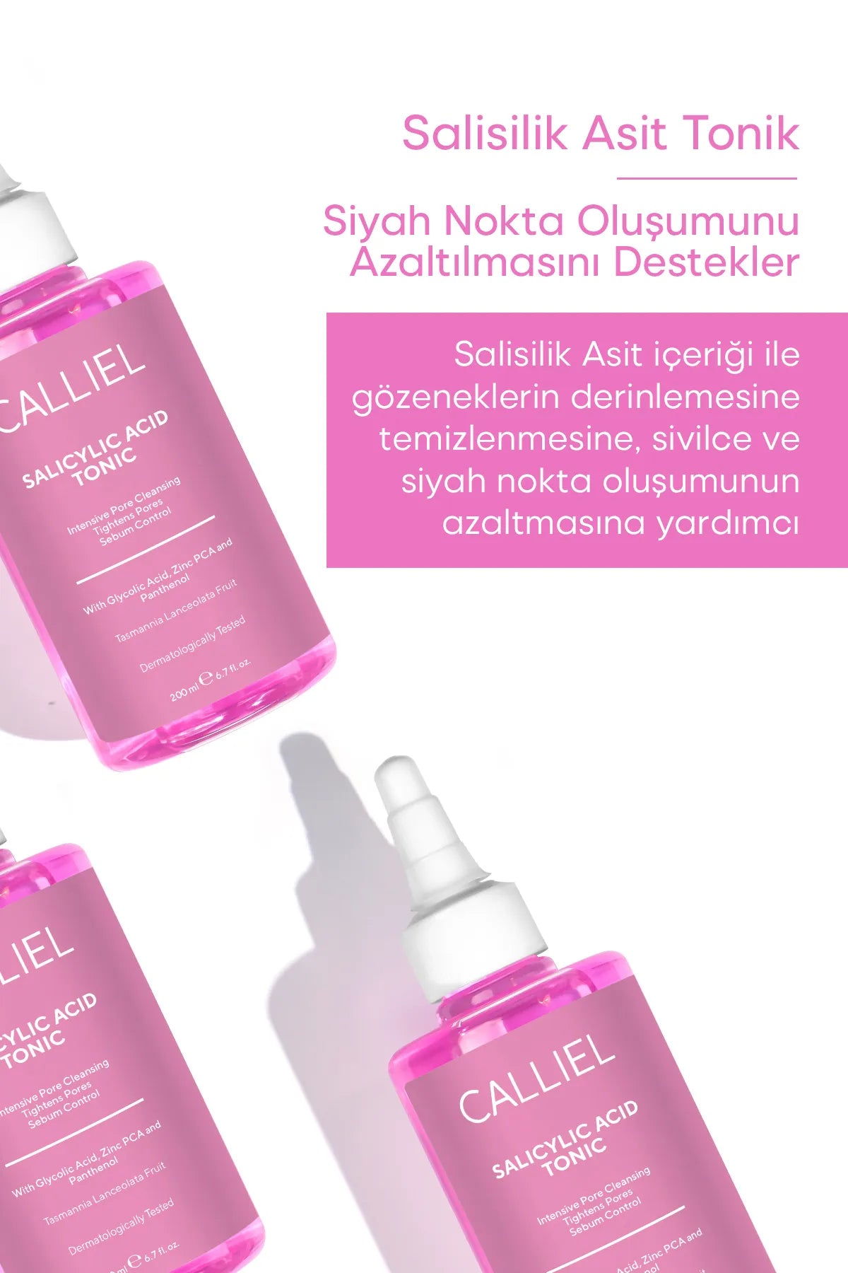 CALLIEL Anti-acne en mee-eter Zuiverende salicylzuur Tonic Intensieve poriënreiniging Verstevigt de poriën en Talgbeheersing Glycolzuur Zink-PCA en Panthenol 200 ml