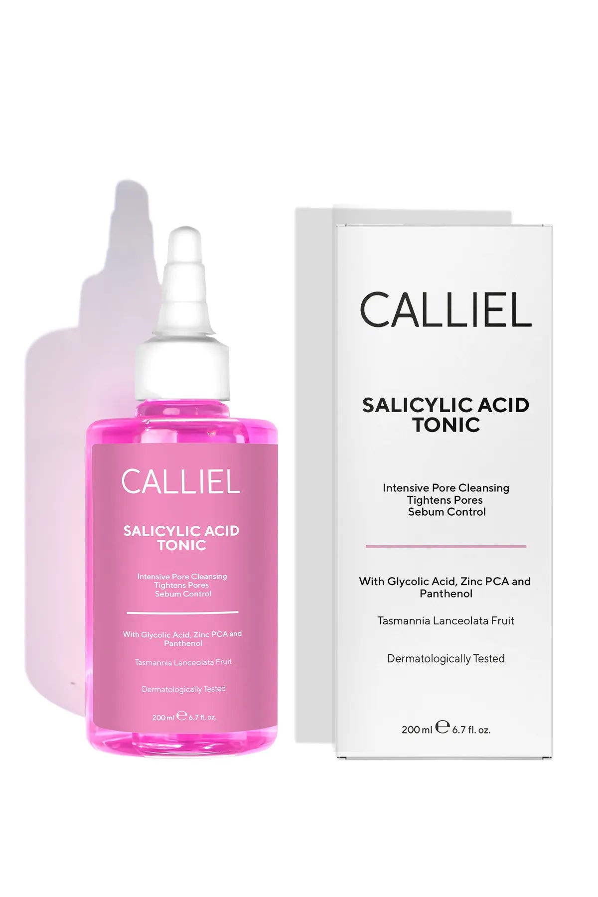 CALLIEL Anti-acne en mee-eter Zuiverende salicylzuur Tonic Intensieve poriënreiniging Verstevigt de poriën en Talgbeheersing Glycolzuur Zink-PCA en Panthenol 200 ml