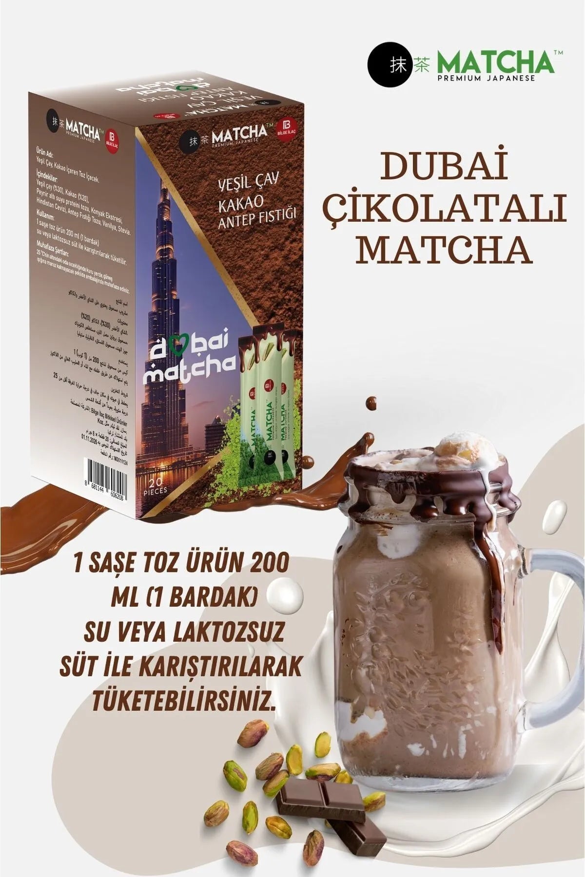 Matcha Premium Japanse Detox DUBAI CHOCOLADE MATCHA/GROENE THEE/CACAO PISTACHE Poedervormige drank 20 stuks