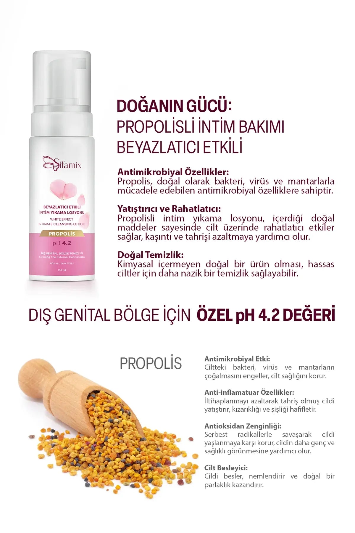 Sifamix White Effect Intimate Cleansing Foam Propolis pH 4.2 Genital Area - Whitening Lotion - Effectieve genitale zone - Goede bescherming - tegen jeuk en irritatie - anti-schimmels en anti-geur - Alle huidtypen - 150 ml