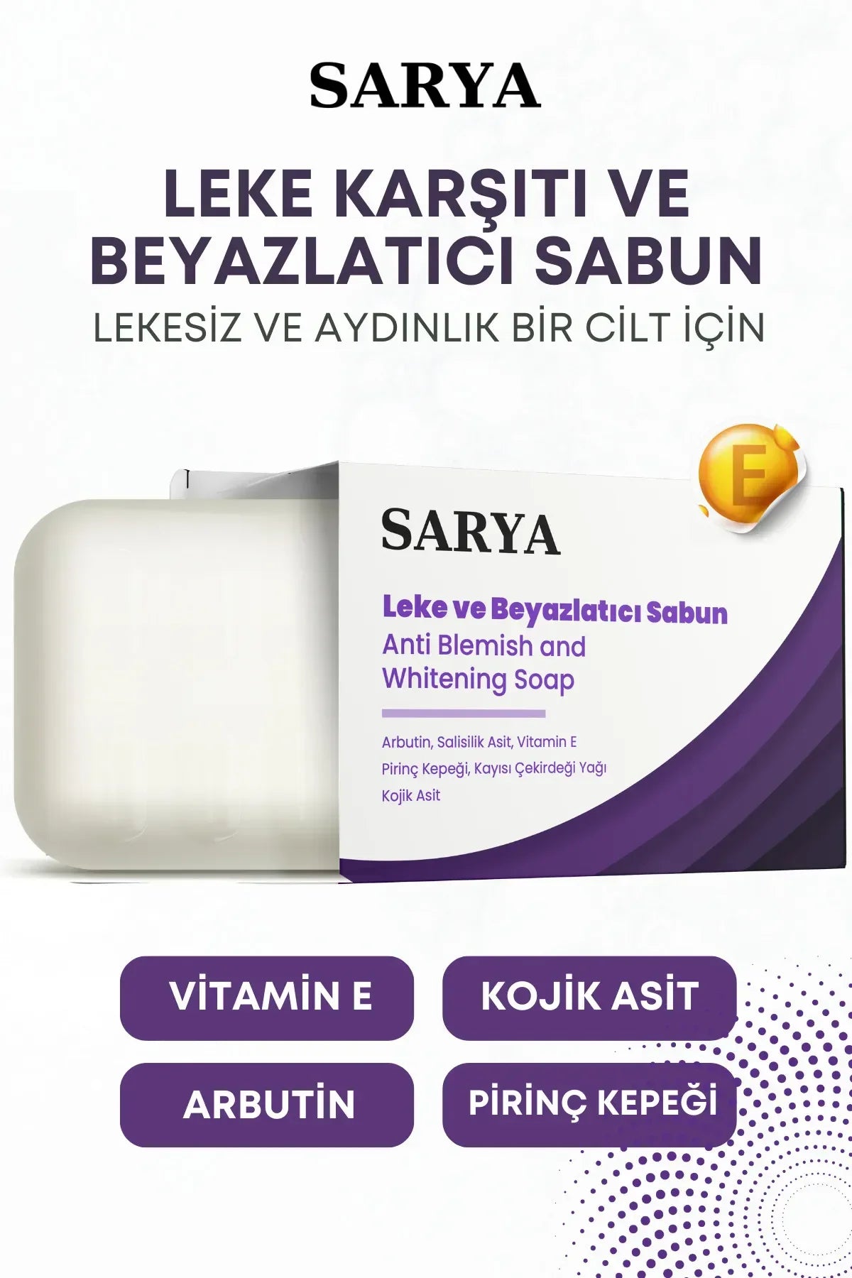 Sarya Anti Blemish - Kojic Acid & Whitening Soap - Anti-Vlekken en bleekzeep - Egaliseert de huidtint - Reinigt poriën - Peeling-effect - Arbutine - Salicylic Acid - Vitamine E - Rice Bran - Apricot Kernel Oil - 100 gr