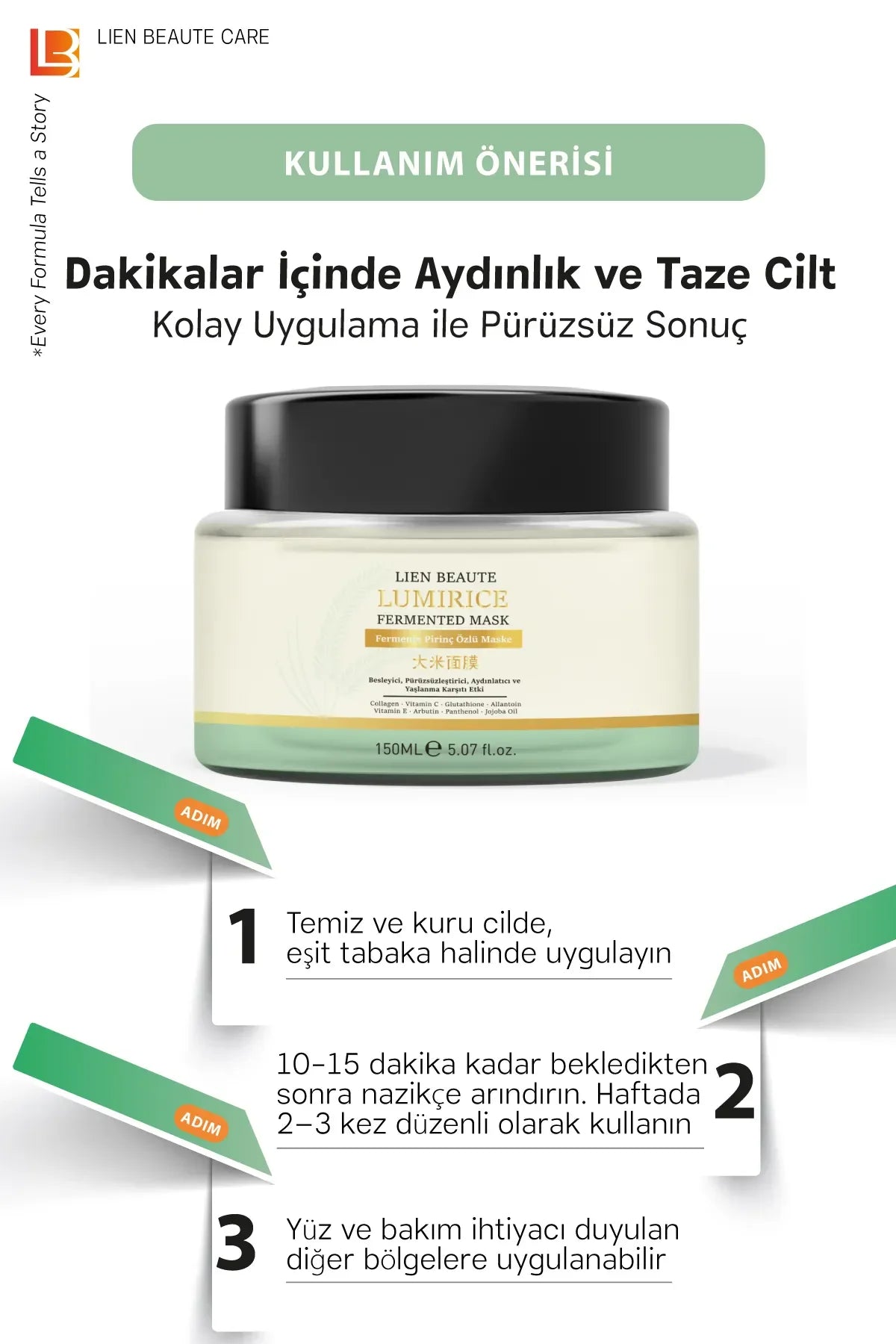 Lien Beaute Lumirice Fermented Rice Extract Mask Nourishing Smoothing Brightening & Anti-Aging Effect - Gefermenteerde Rijst Gezichtsmasker: Gladmakend Verhelderend Egaliserend Anti-veroudering - Vitamine mix & Kruinden Eiwit - Alle huidtypen - 150ml