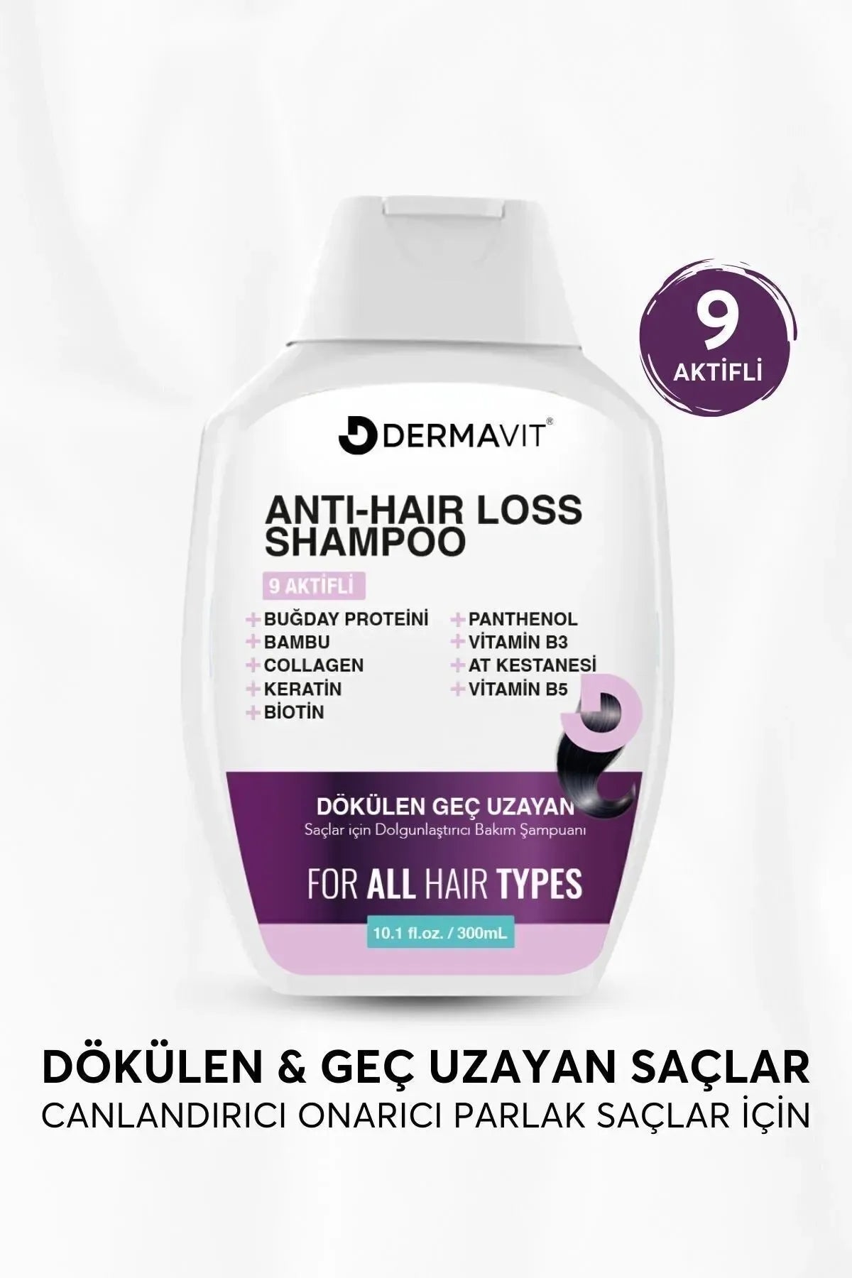 Dermavit Shampoo - Collageen en Keratine Anti-Haaruitval Snelle Haargroei Voller Volume Herstellende Voedende Shampoo 9 Actief - Tarwe-eiwit - Vitamine E B3 & B5 - Biotine - Panthenol - Paardenkastanje - Alle haartypen - 300 ml