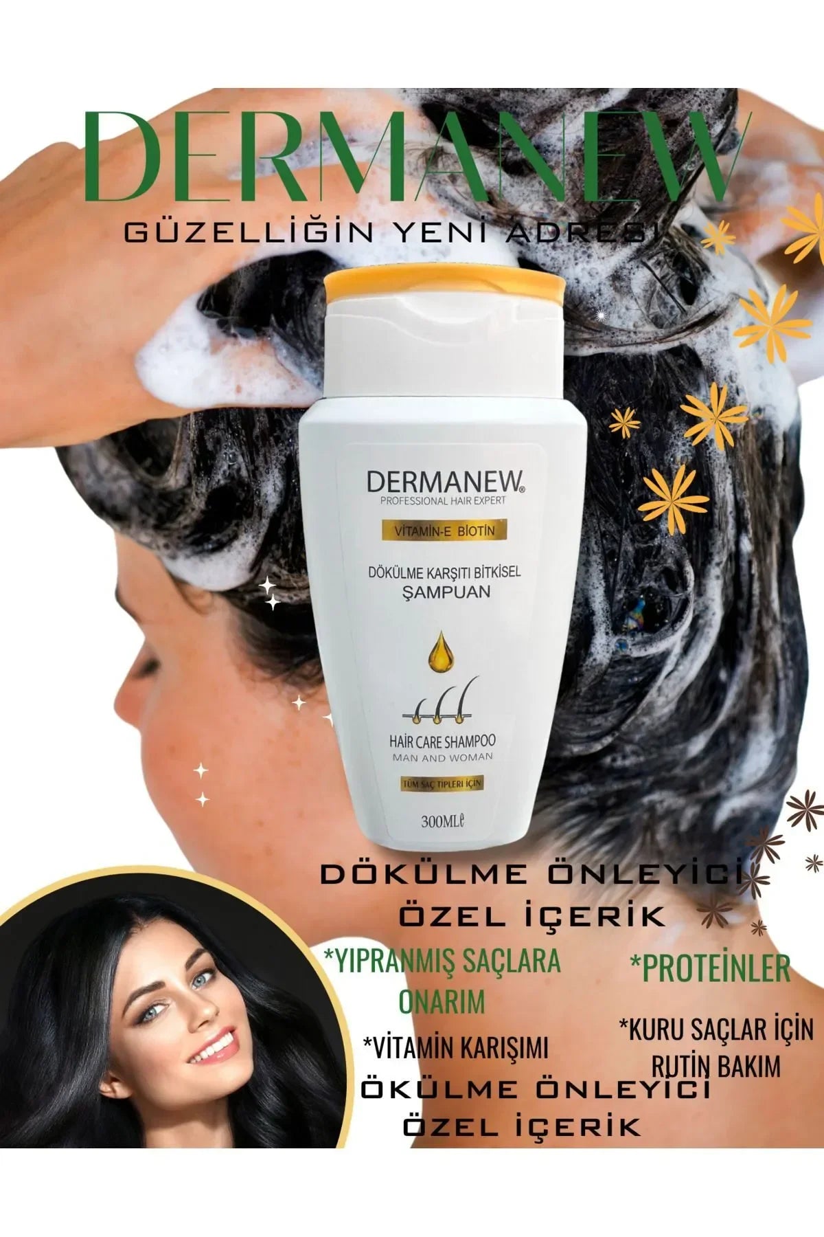 Dermanew Shampoo Professionele haarexpert - Biotine + Vitamine E - Anti-Haaruitval Snelle Haargroei Voller Volume Herstellende Voedende Shampoo - Alle haartypen - 300 ml