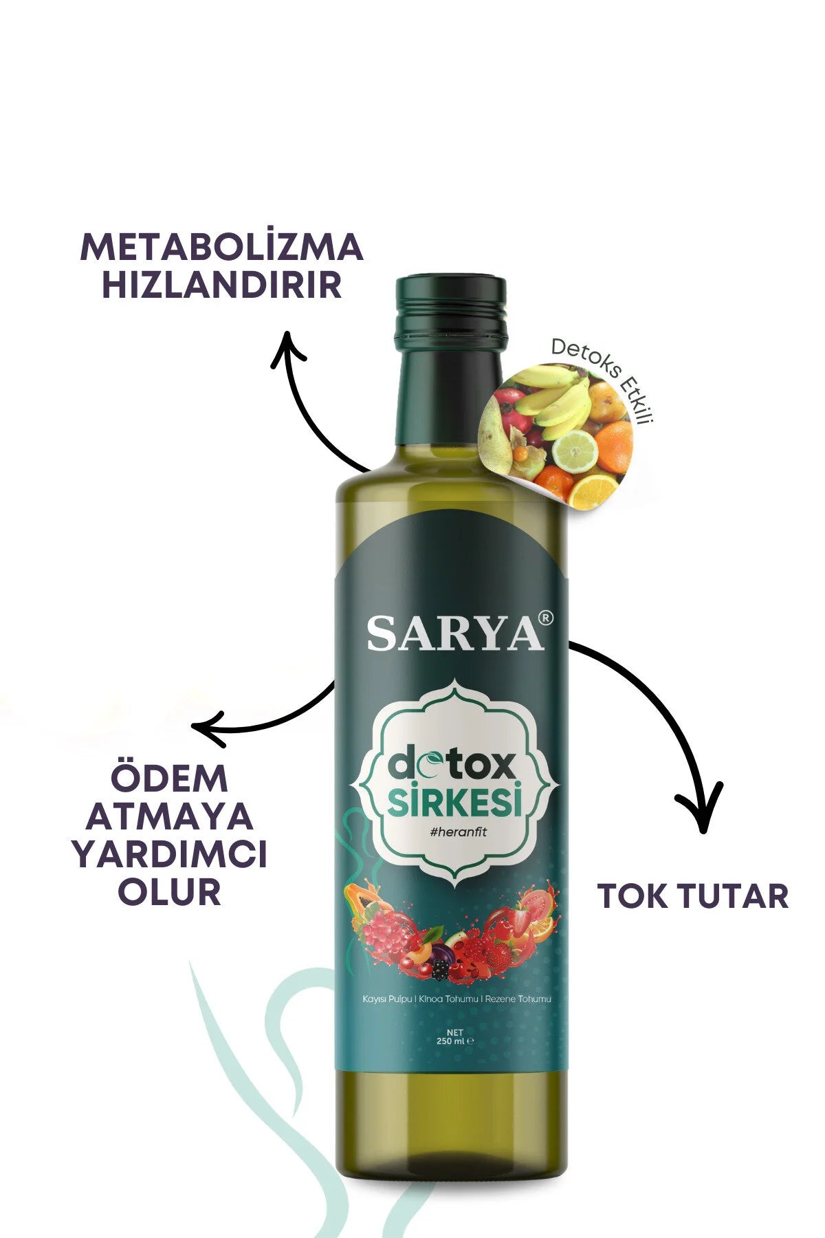 Sarya - Natuurlijke Quinoa Zaad (Kinoa Tohumu) Detox Azijn - Abrikozenpulp - Venkelzaad - Oedeemverlichting 250 ml