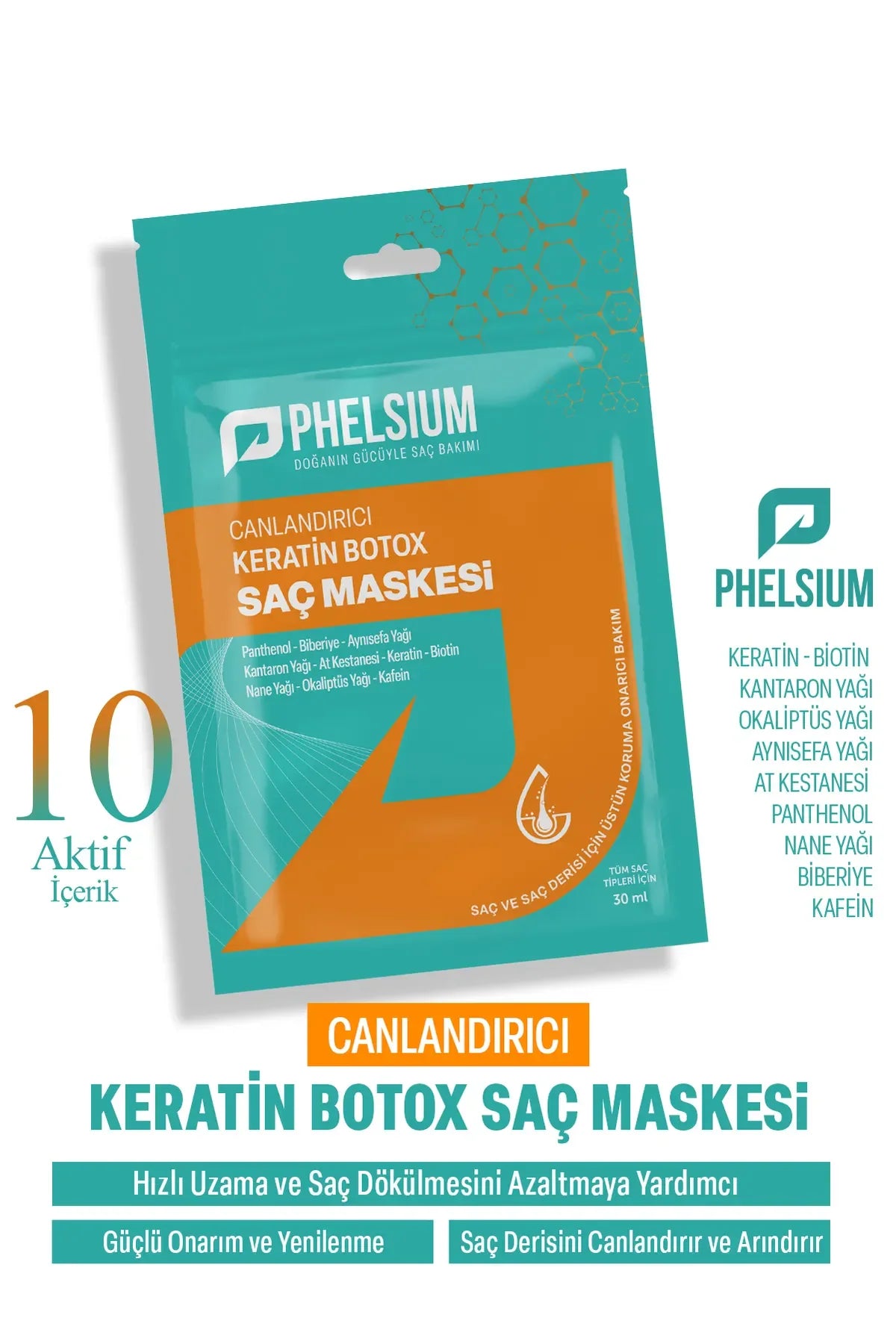 Phelsium 10-Actieve inhoud - Revitaliserend Keratine Botox Haarmasker voor Langzaam Groeiend en Beschadigd Haar - Panthenol - Rozemarijn - Calendula-olie - Sint-Janskruidolie - Paardenkastanje - Keratine - Biotine - Pepermuntolie - Cafeïne - 30 ml