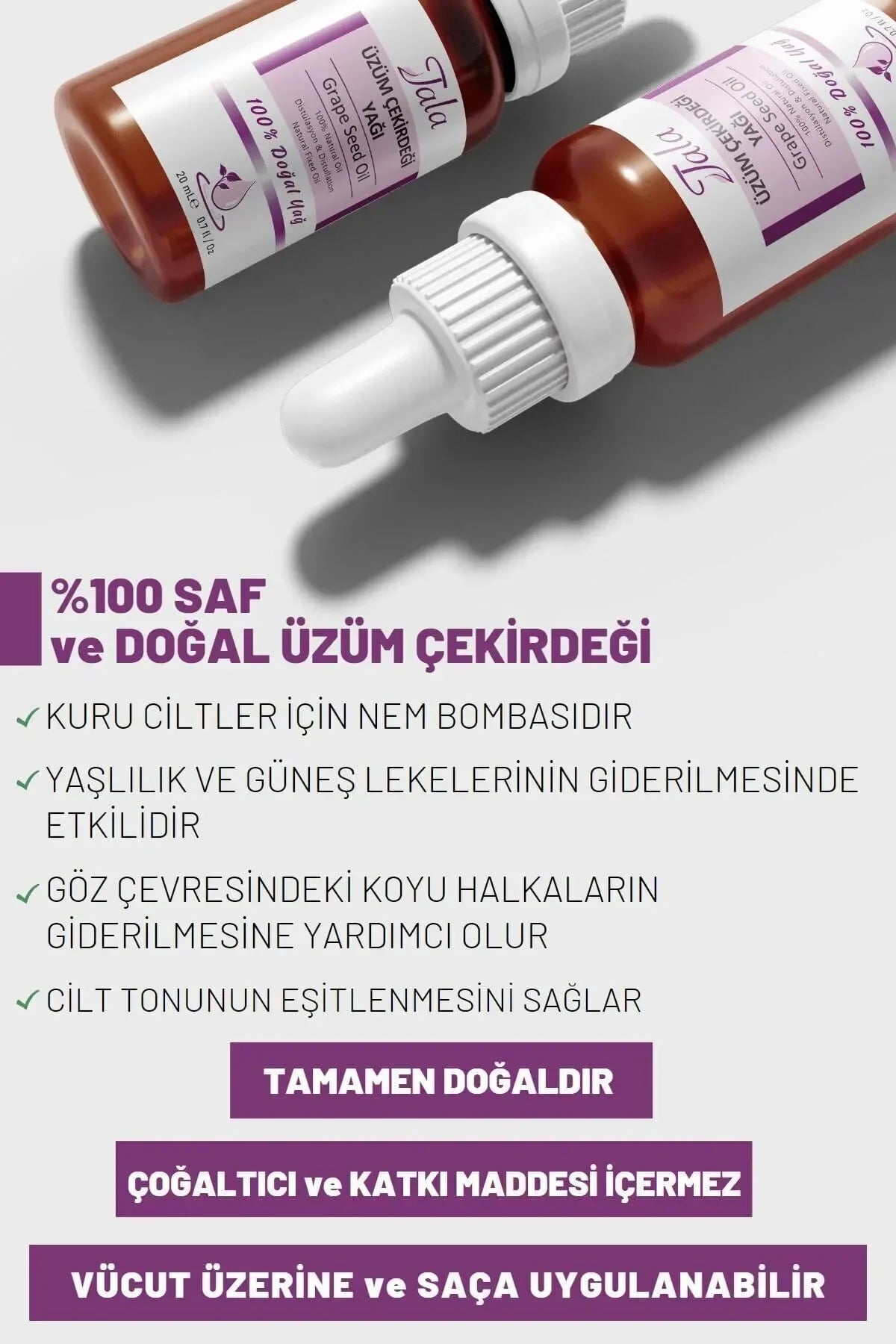 Tala Oil Grape Seed - Druivenpitolie Uzum Cekirdegi Yagi - Haar en huidverzorging druppels - Effectief verwideren van ouderdoms- en zonnevlekken Helpt donkere kringen rond ogen verwijderen Voorkomt haarbreuk 100% puur en natuurlijk koudgeperst 20 ml