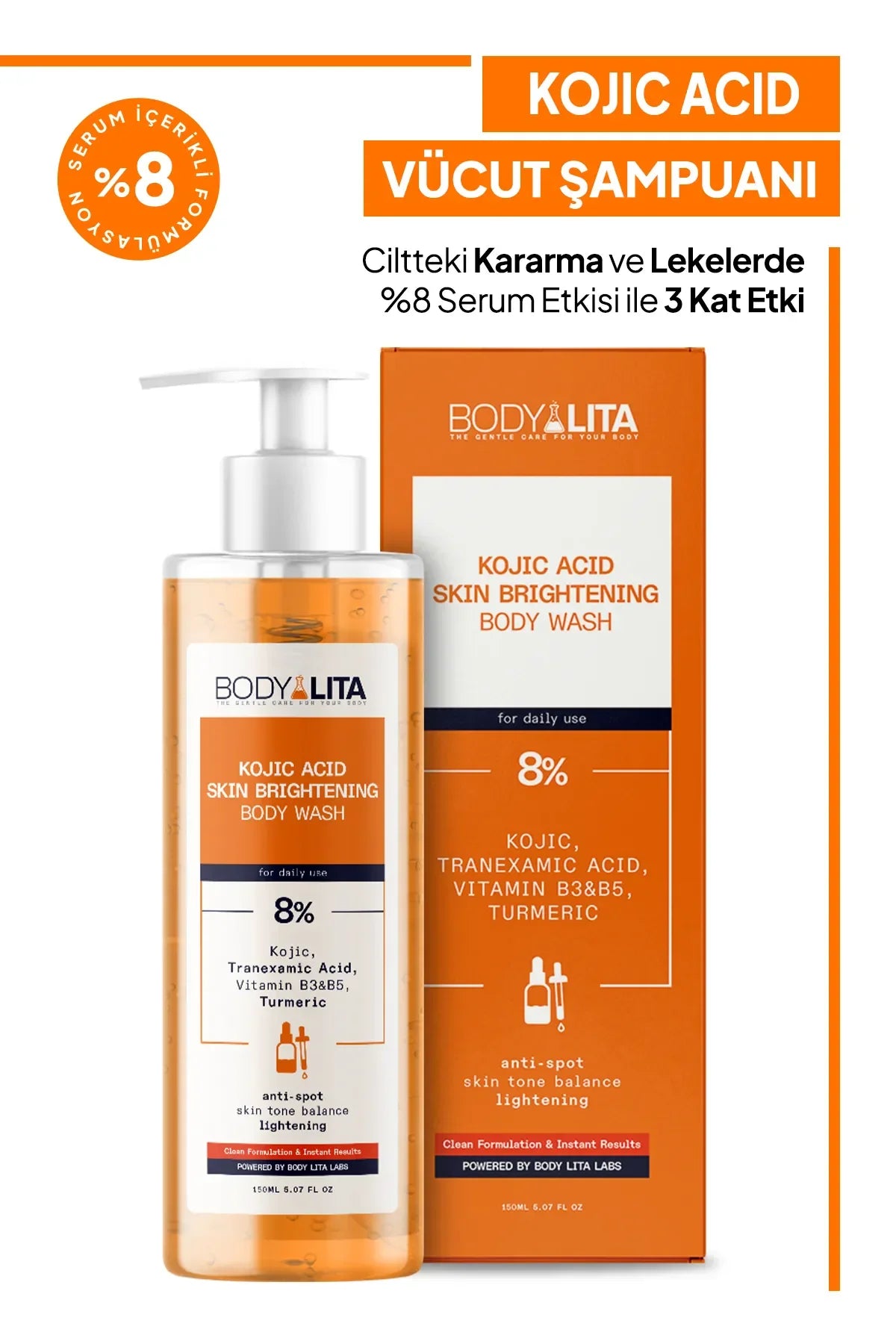 BodyLita Kojic Acid Skin Brightening Body Wash 3 keer Effect van 8% Serum op Huidverkleuring + vlekjes Tranexamic Acid+Vitamine B3-B5+Kurkuma+Citroenschil Vitamine C - Verlichting tegen puistjes - Douchgel - Aangedreven door Body Lita Labs 150 ml