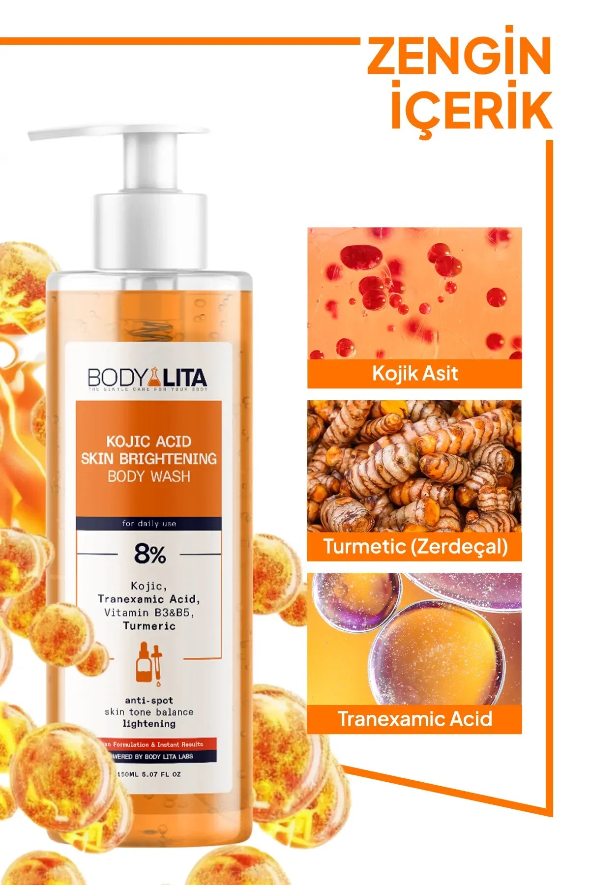 BodyLita Kojic Acid Skin Brightening Body Wash 3 keer Effect van 8% Serum op Huidverkleuring + vlekjes Tranexamic Acid+Vitamine B3-B5+Kurkuma+Citroenschil Vitamine C - Verlichting tegen puistjes - Douchgel - Aangedreven door Body Lita Labs 150 ml