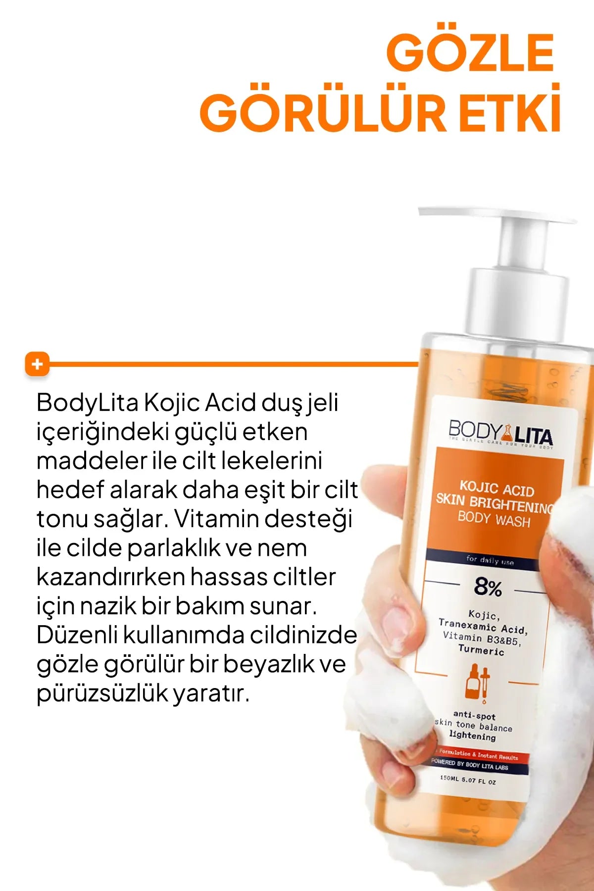BodyLita Kojic Acid Skin Brightening Body Wash 3 keer Effect van 8% Serum op Huidverkleuring + vlekjes Tranexamic Acid+Vitamine B3-B5+Kurkuma+Citroenschil Vitamine C - Verlichting tegen puistjes - Douchgel - Aangedreven door Body Lita Labs 150 ml