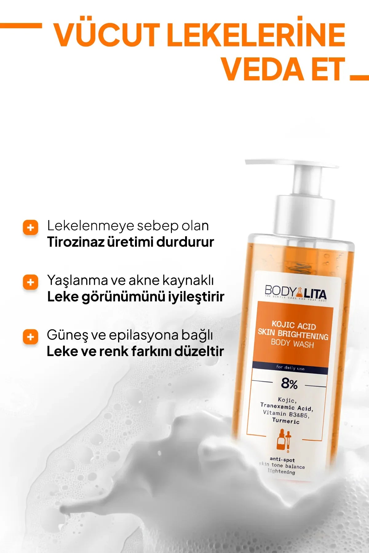 BodyLita Kojic Acid Skin Brightening Body Wash 3 keer Effect van 8% Serum op Huidverkleuring + vlekjes Tranexamic Acid+Vitamine B3-B5+Kurkuma+Citroenschil Vitamine C - Verlichting tegen puistjes - Douchgel - Aangedreven door Body Lita Labs 150 ml
