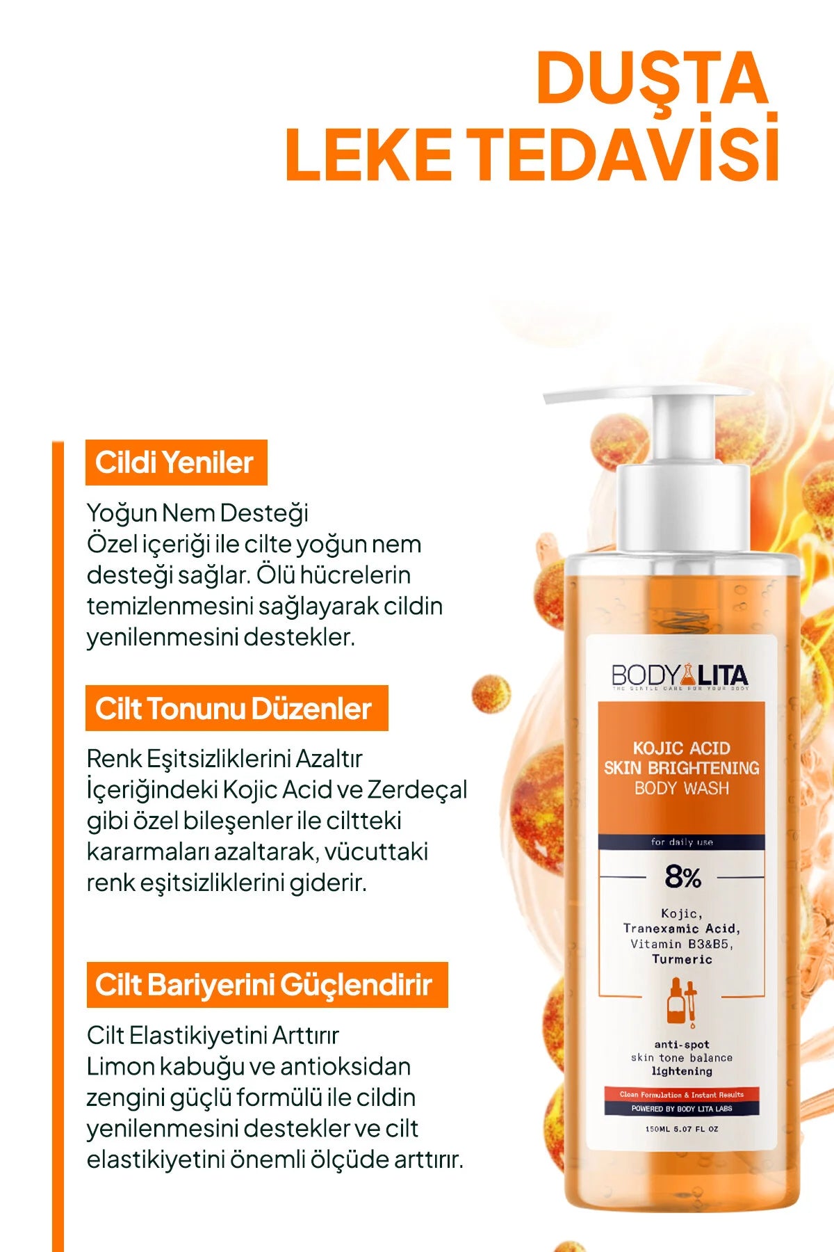 BodyLita Kojic Acid Skin Brightening Body Wash 3 keer Effect van 8% Serum op Huidverkleuring + vlekjes Tranexamic Acid+Vitamine B3-B5+Kurkuma+Citroenschil Vitamine C - Verlichting tegen puistjes - Douchgel - Aangedreven door Body Lita Labs 150 ml