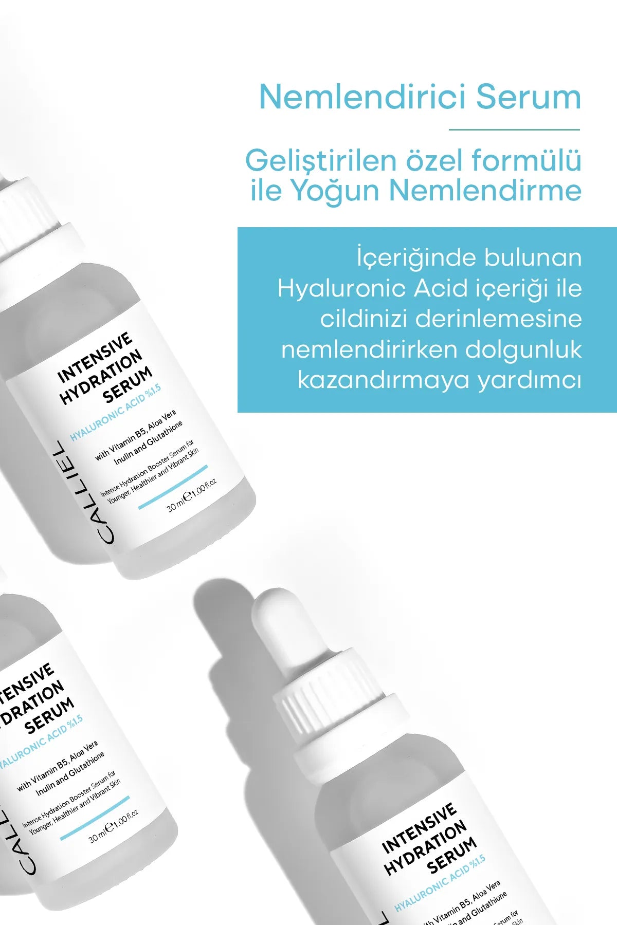 CALLIEL Intensief Hydraterend / Herstellend / Verhelderend Serum met Hyaluronzuur %1,5 / Vitamine B5 / Aloë Vera-inuline & Glutathion 30 ml