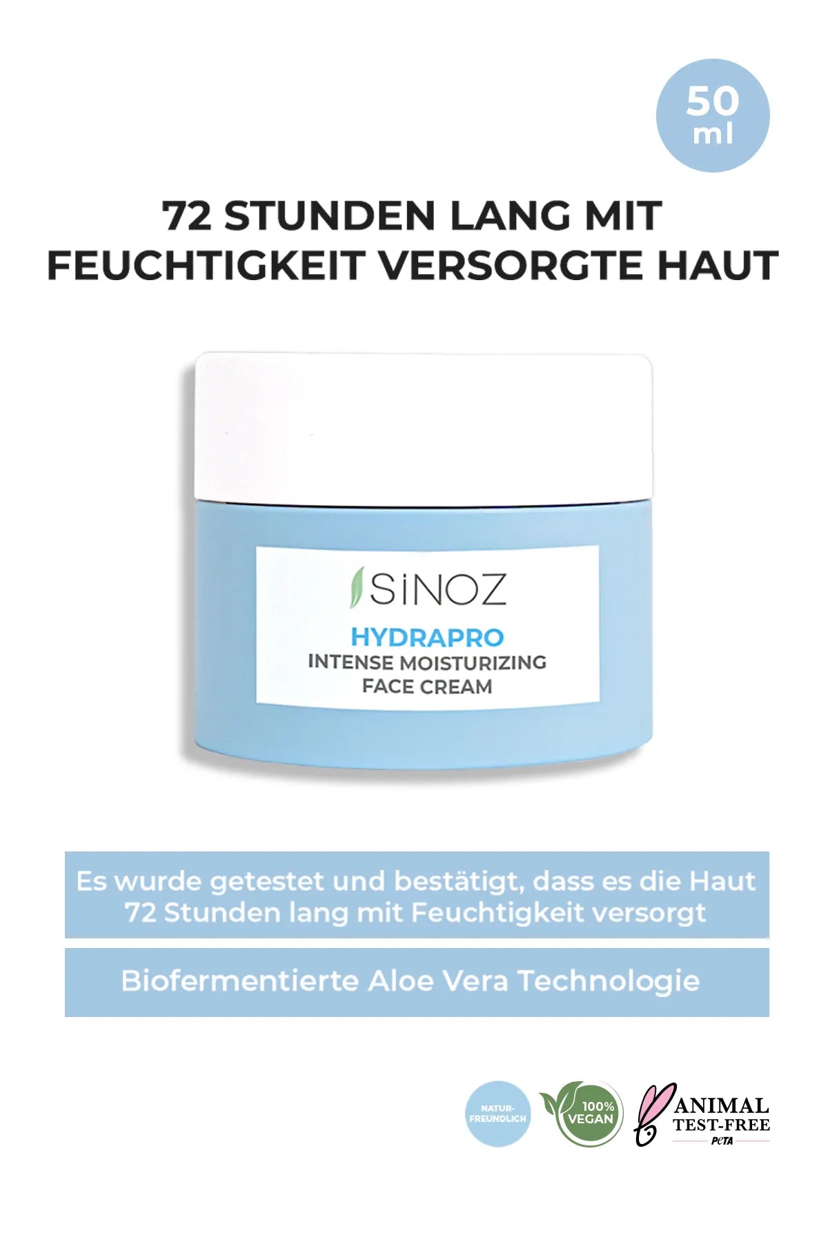 SINOZ Hydrapro Intensief hydraterende gezichtsverzorgingscrème op waterbasis (MET HET WONDER VAN SNEEUWPADDESTOEL blijft 72 uur lang op je huid) 50 ml