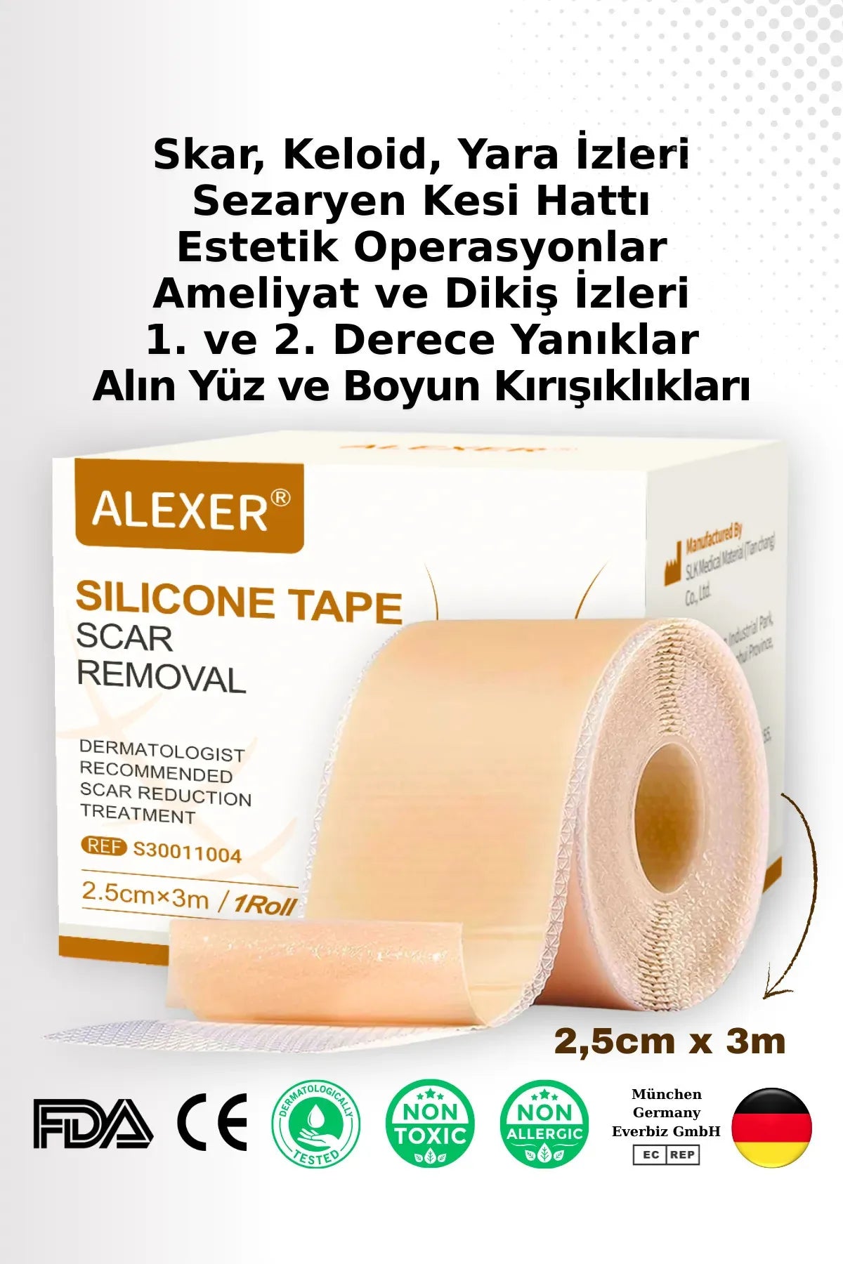 Alexer Silicone Tape Scar Removal - Zachte siliconen tape - Verwijderen van littekens - brandwonden - keizersnede-incisielijn - keloïden - chirurgische littekens - esthetische operaties - rimpels - door Dermatologen aanbevolen - 2,5 cm x 3 m / 1 rol