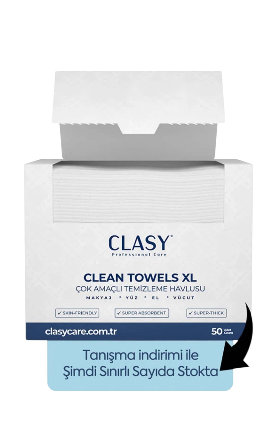 Clasy Care Professionele Clean Towels XL - 50-pack Make-up- en Gezichtsreinigingshanddoeken / wegwerp - Multifunctionele Reinigingsdoek - Make-up+Gezicht+Hand+Lichaam - Uitstekend niveau Acne+Puistjes+Roodheid+Droodheid - Alle huidtypen